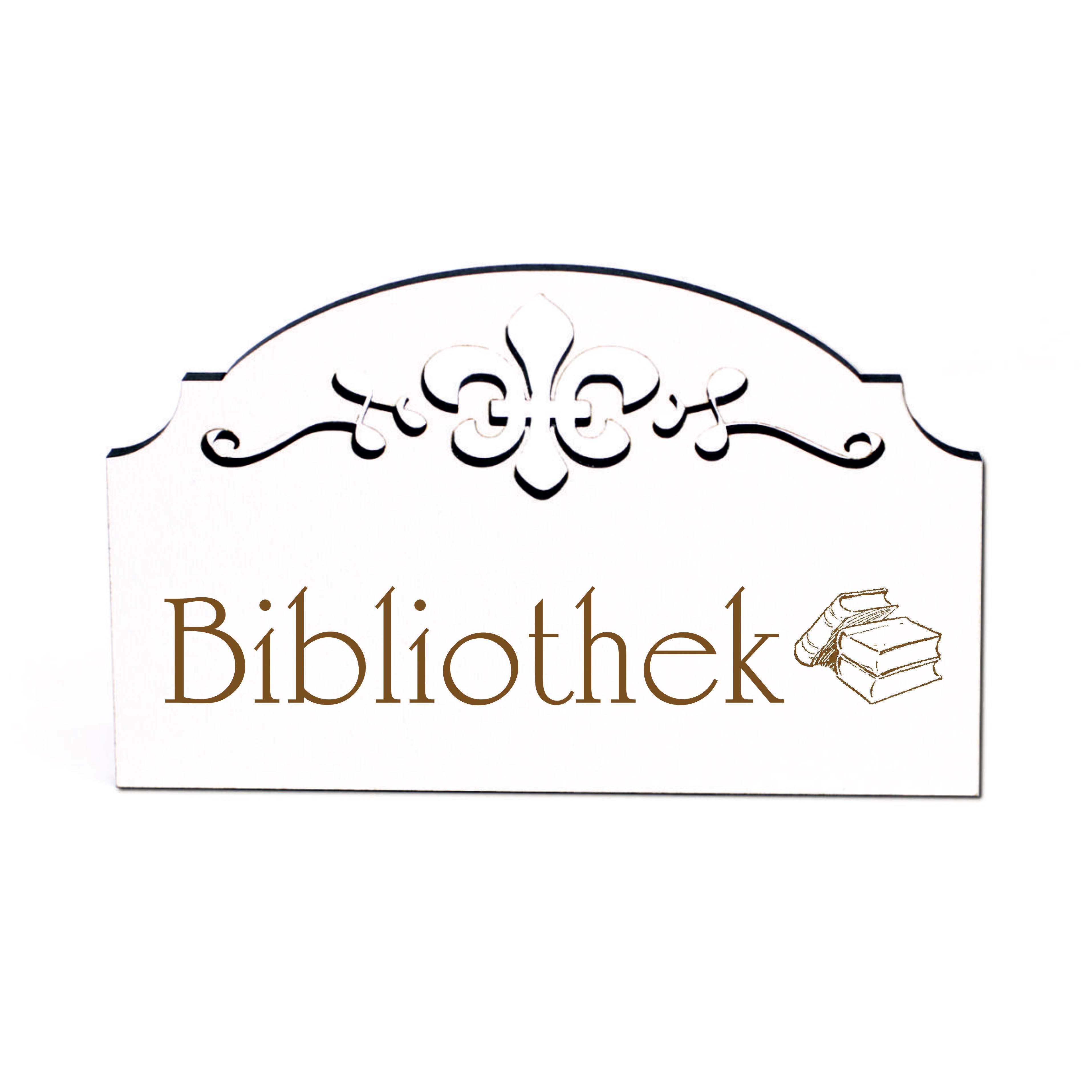 Bibliothek Türschild Schild Holz graviert Ornamente selbstklebend Bücherei Türdeko 15,5 x 9,5