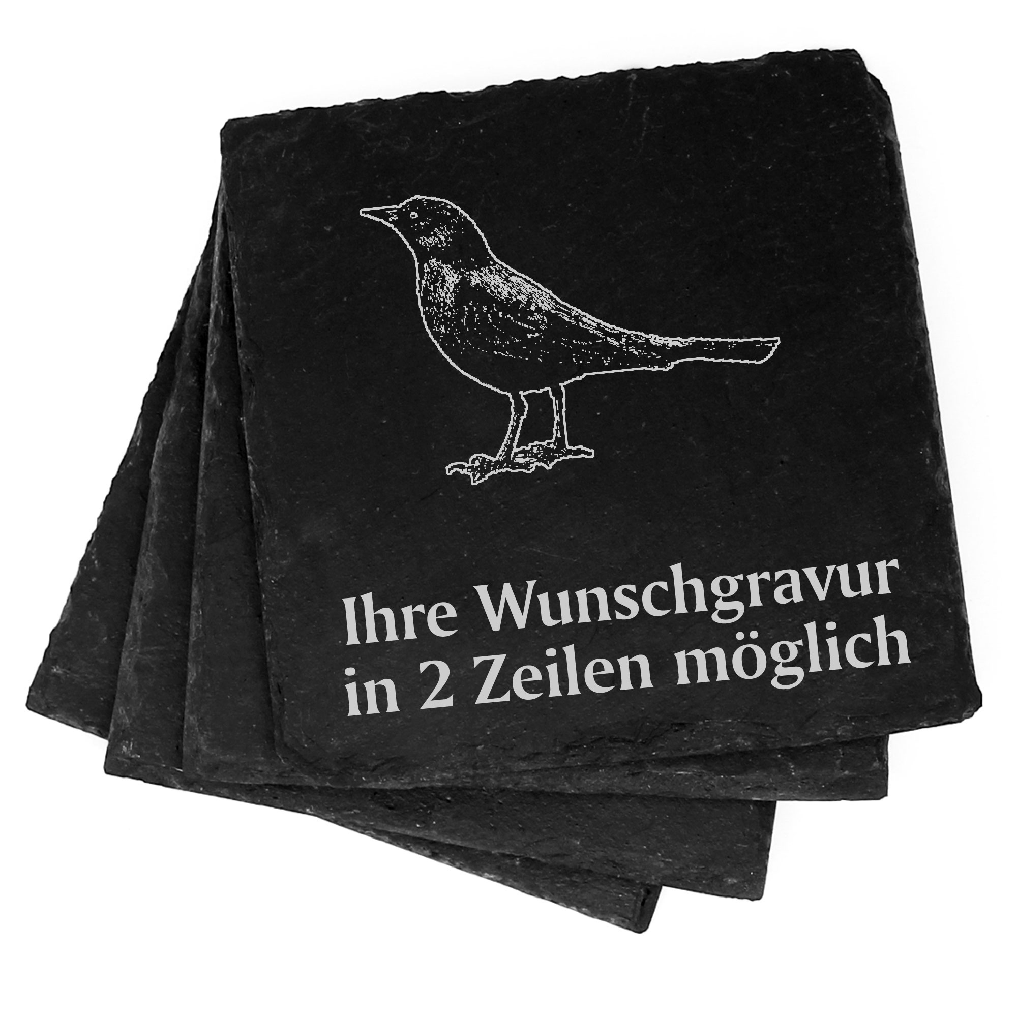 4x Amsel Schwarzdrossel  Deko Schiefer Untersetzer Wunschgravur Set - 11 x 11 cm