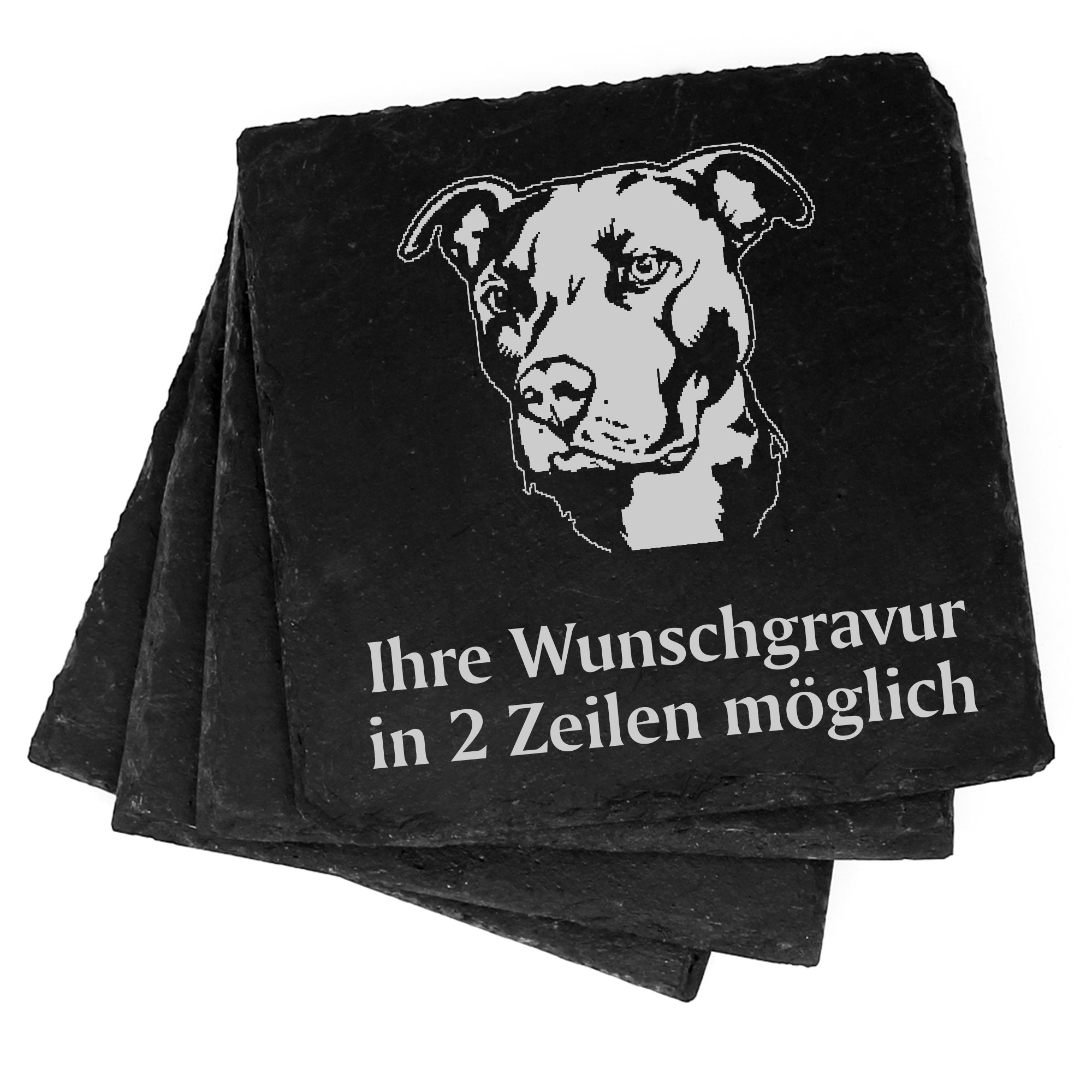 4x American Pit Bull Terrier Kopf Deko Schiefer Untersetzer Wunschgravur Set - 11 x 11 cm