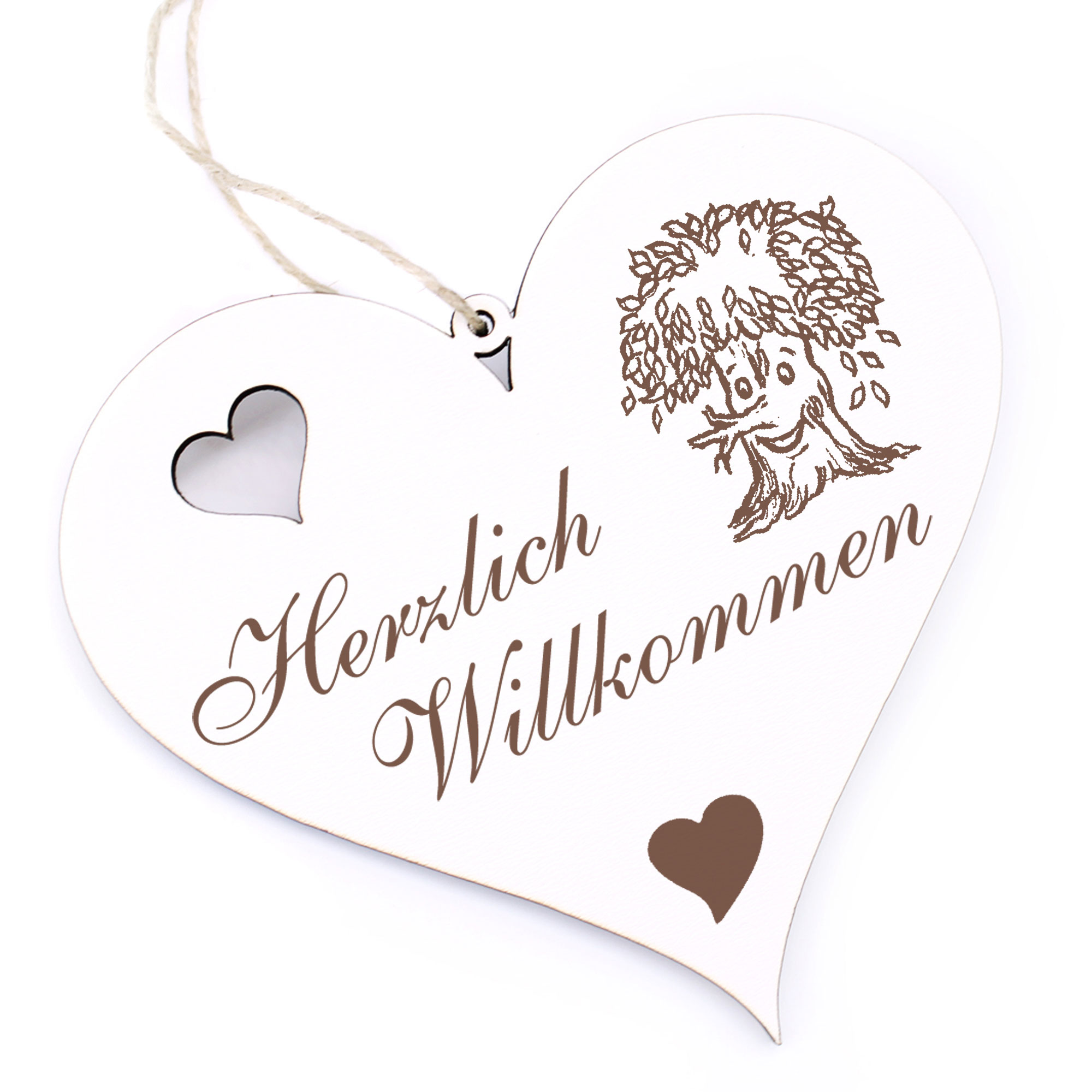 Herzlich Willkommen Schild - lustiger Baum mit Gesicht - Deko Herz Holz