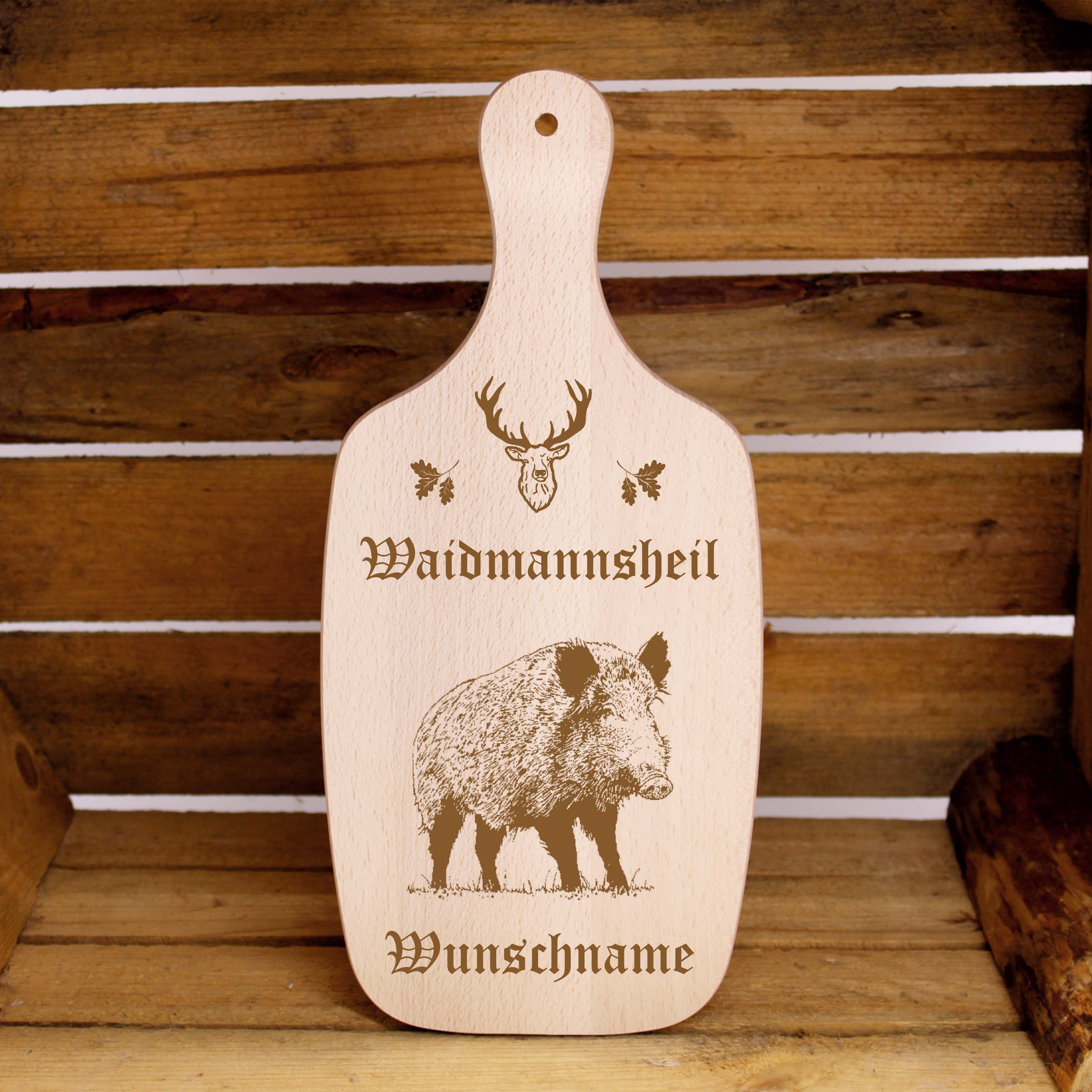 Waidmannsheil Weidmann Wildschwein - Holzbrett graviert personalisiert Geschenk für Jäger 34 x 15