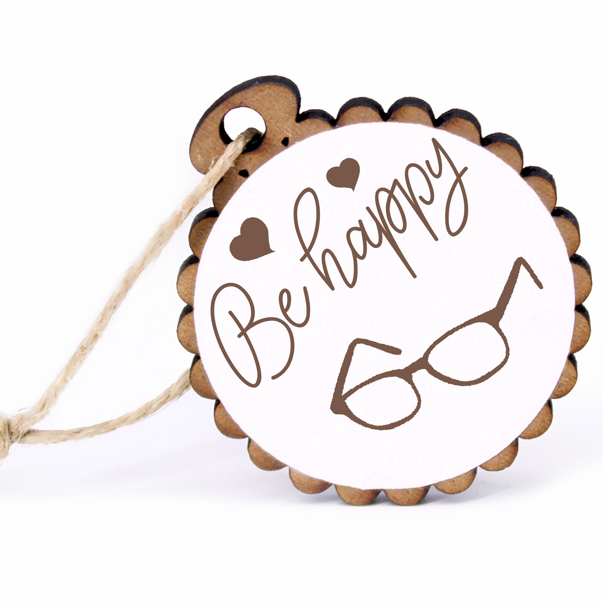 Geschenkanhänger - Be Happy Brille -  Holz Ø-5cm - mit Juteband