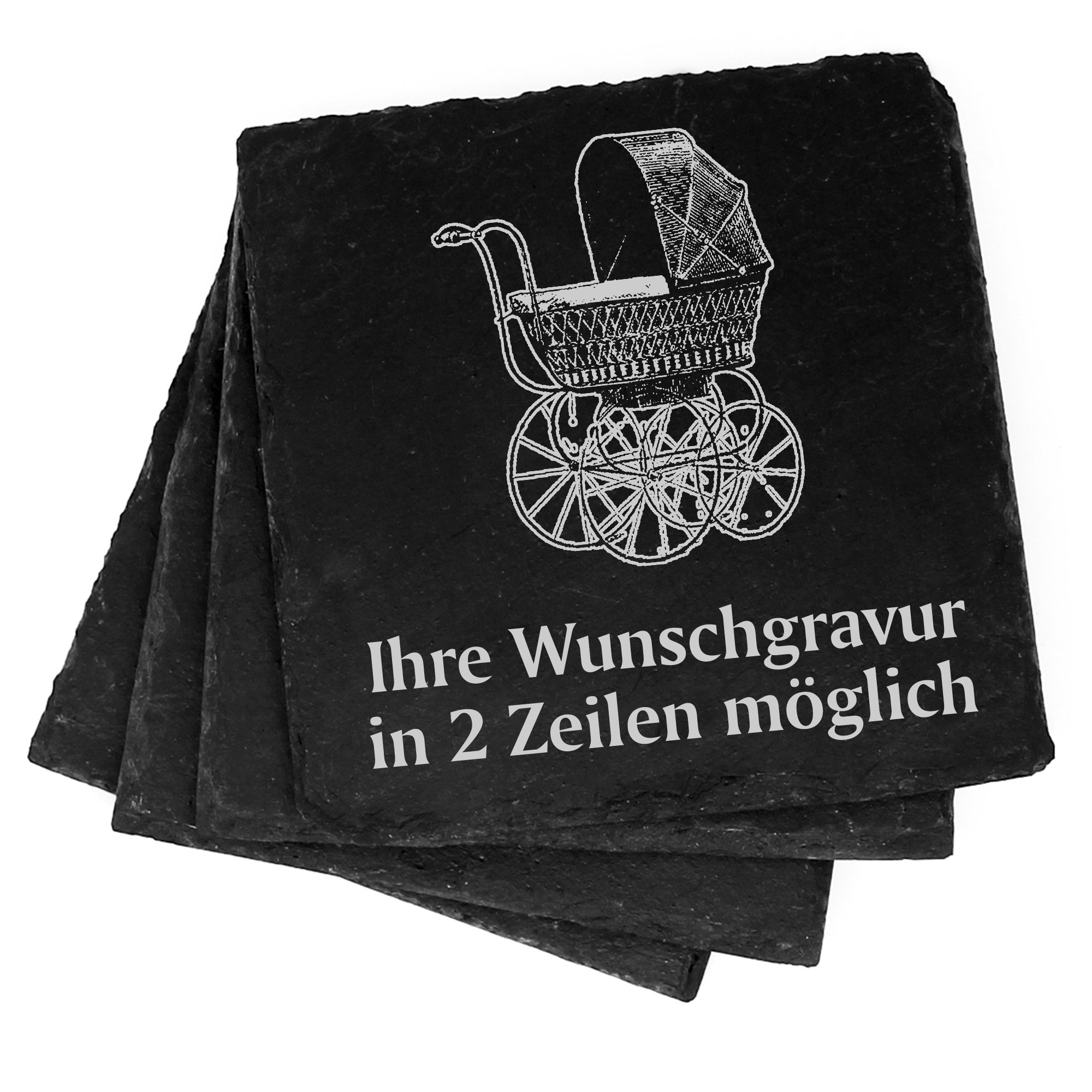 4x alter Kinderwagen Deko Schiefer Untersetzer Wunschgravur Set - 11 x 11 cm