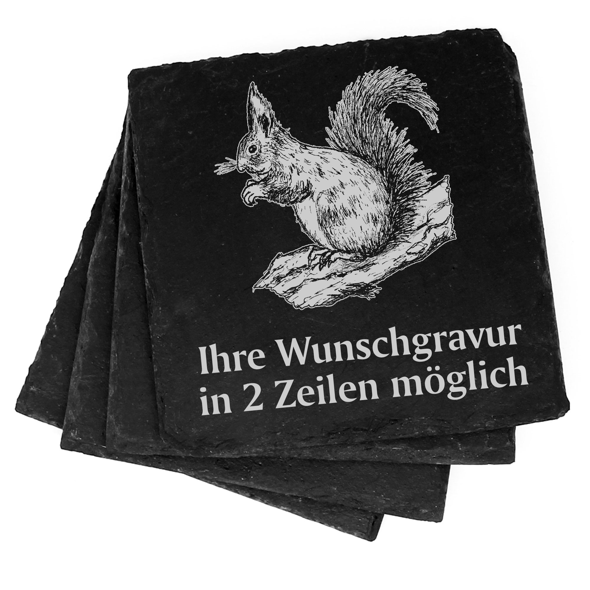 4x Eichhörnchen Deko Schiefer Untersetzer Wunschgravur Set - 11 x 11 cm