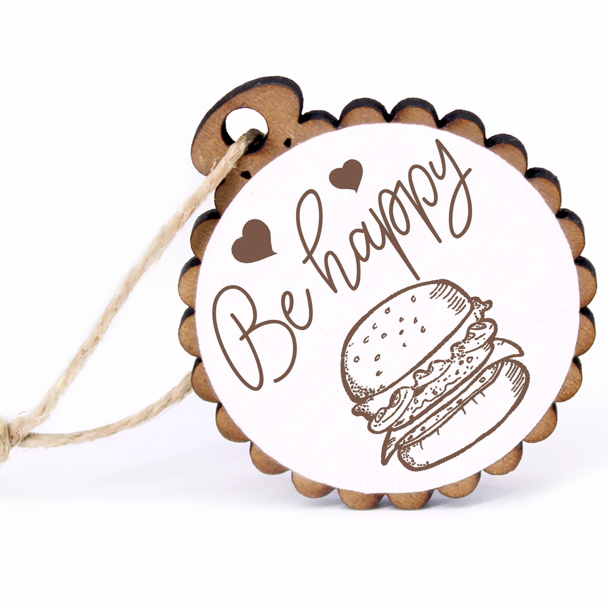 Geschenkanhänger - Be Happy Burger -  Holz Ø-5cm - mit Juteband