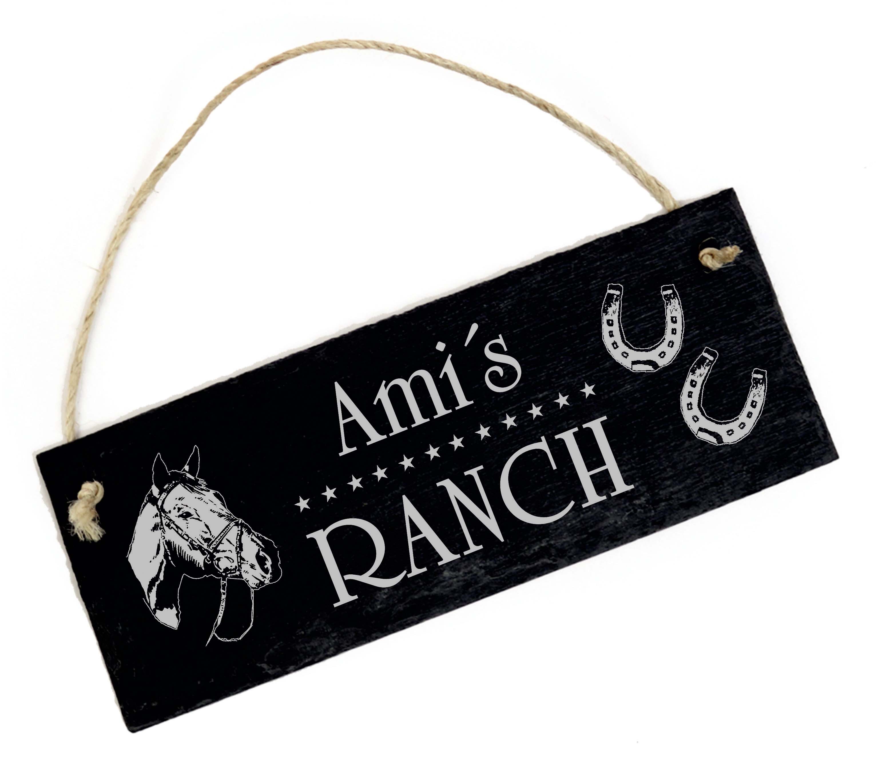 Ranch Pferdestall mit Wunschnamen Schild Schiefer graviert Stallschild Türschild Reiter 22 x 8 cm