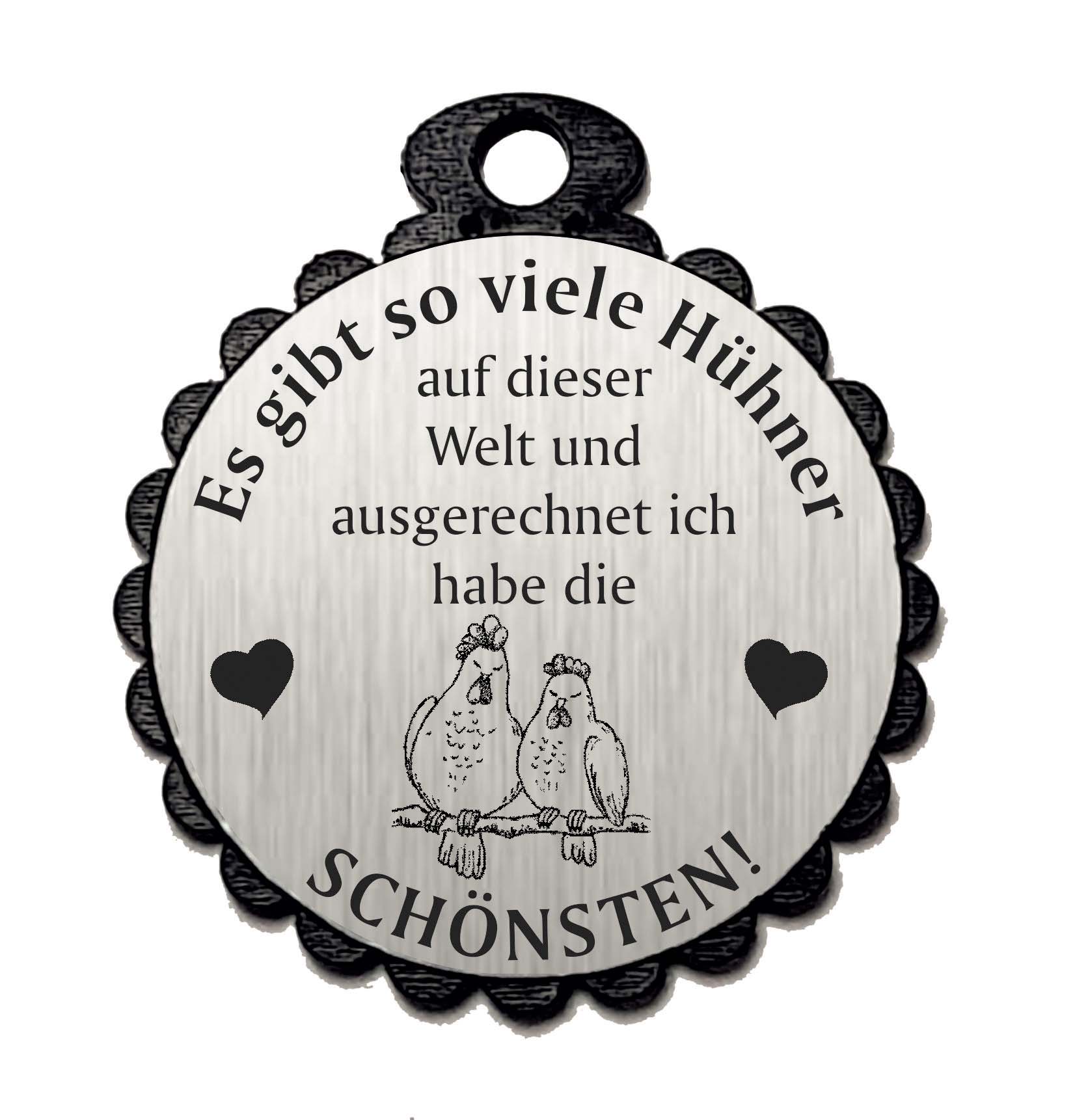 Runder Anhänger « DIE SCHÖNSTEN HÜHNER 04 » mit Motiv HUHN - Aluminium Look - silber