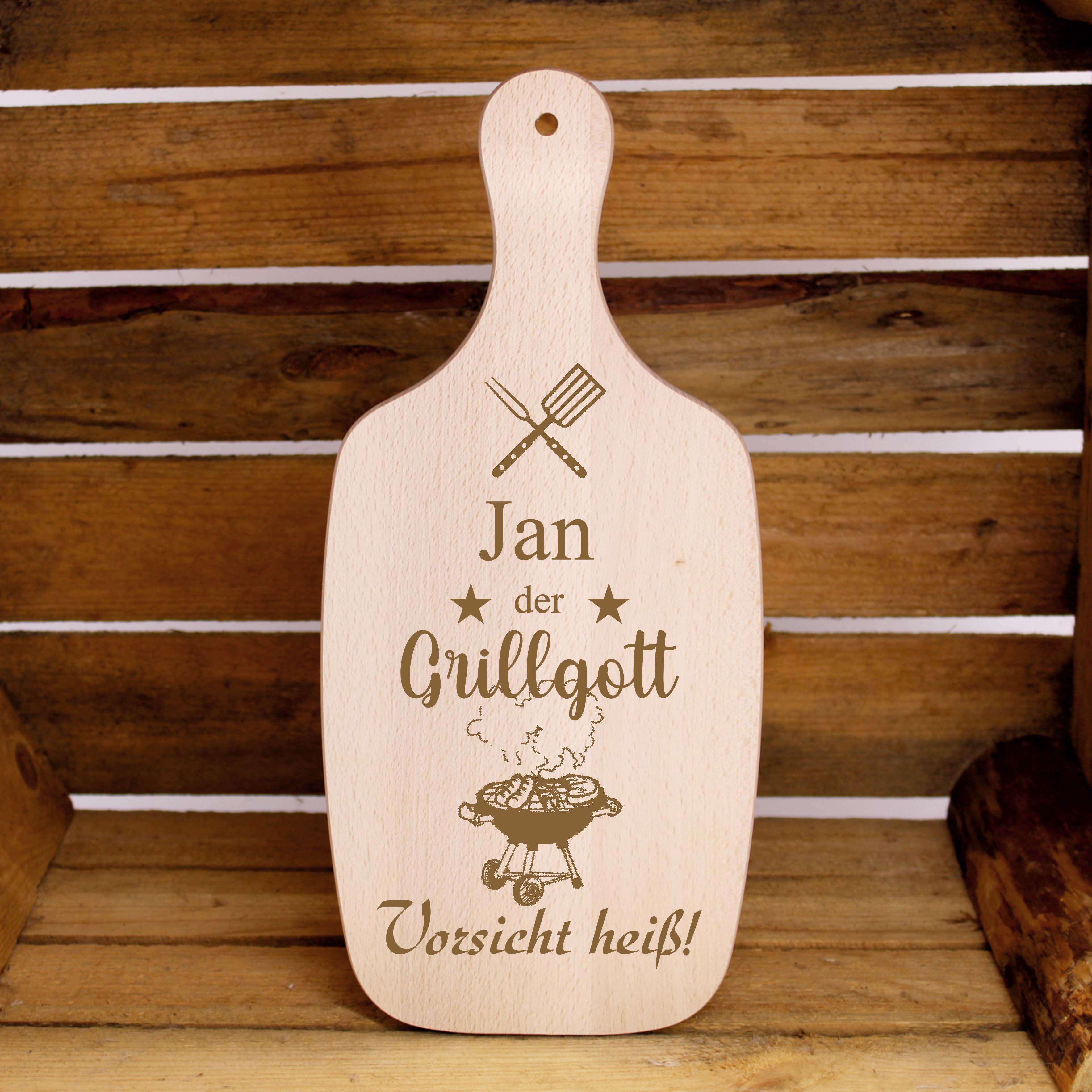 Grillgott - Vorsicht heiß!  Holzbrett zum Grillen mit Griff & Namen Gravur Schneidebrett 34 x 15