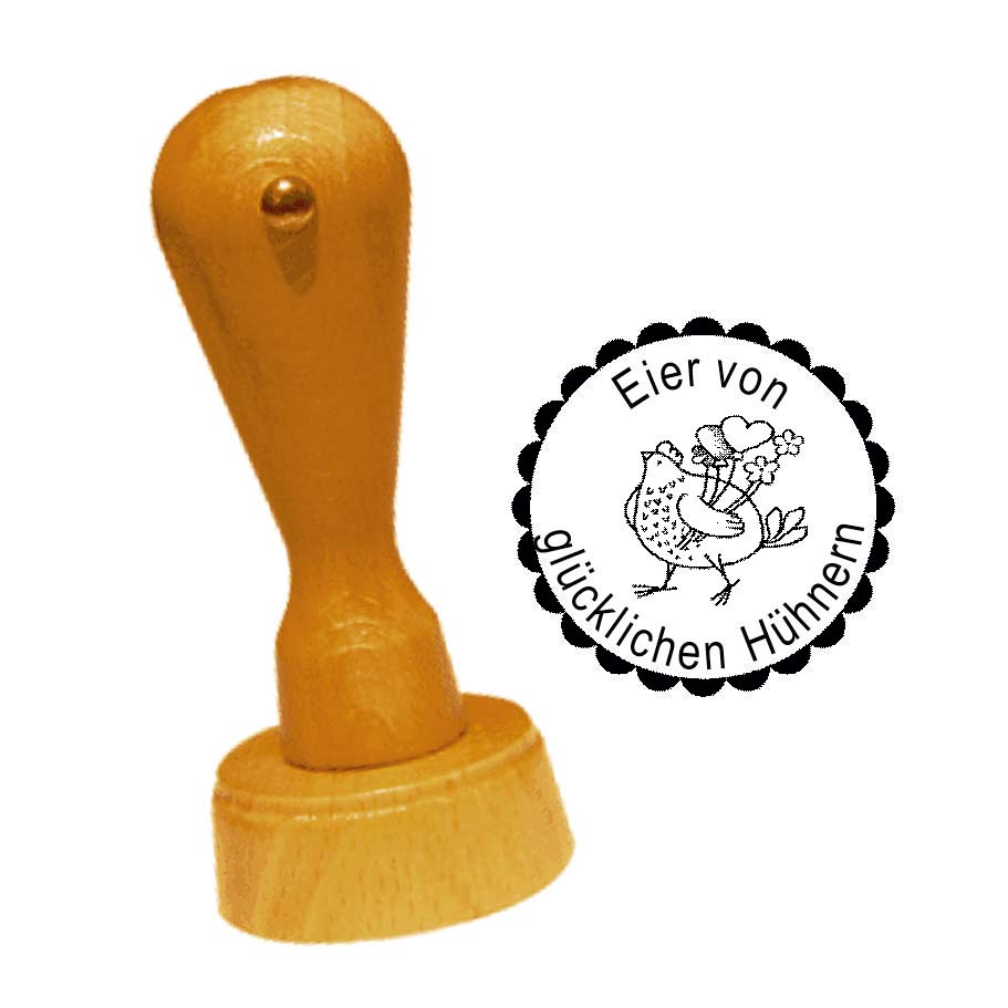 Stempel « EIER VON GLÜCKLICHEN HÜHNERN 01 » Huhn mit Herzen • inkl. Personalisierung Ø 20 mm