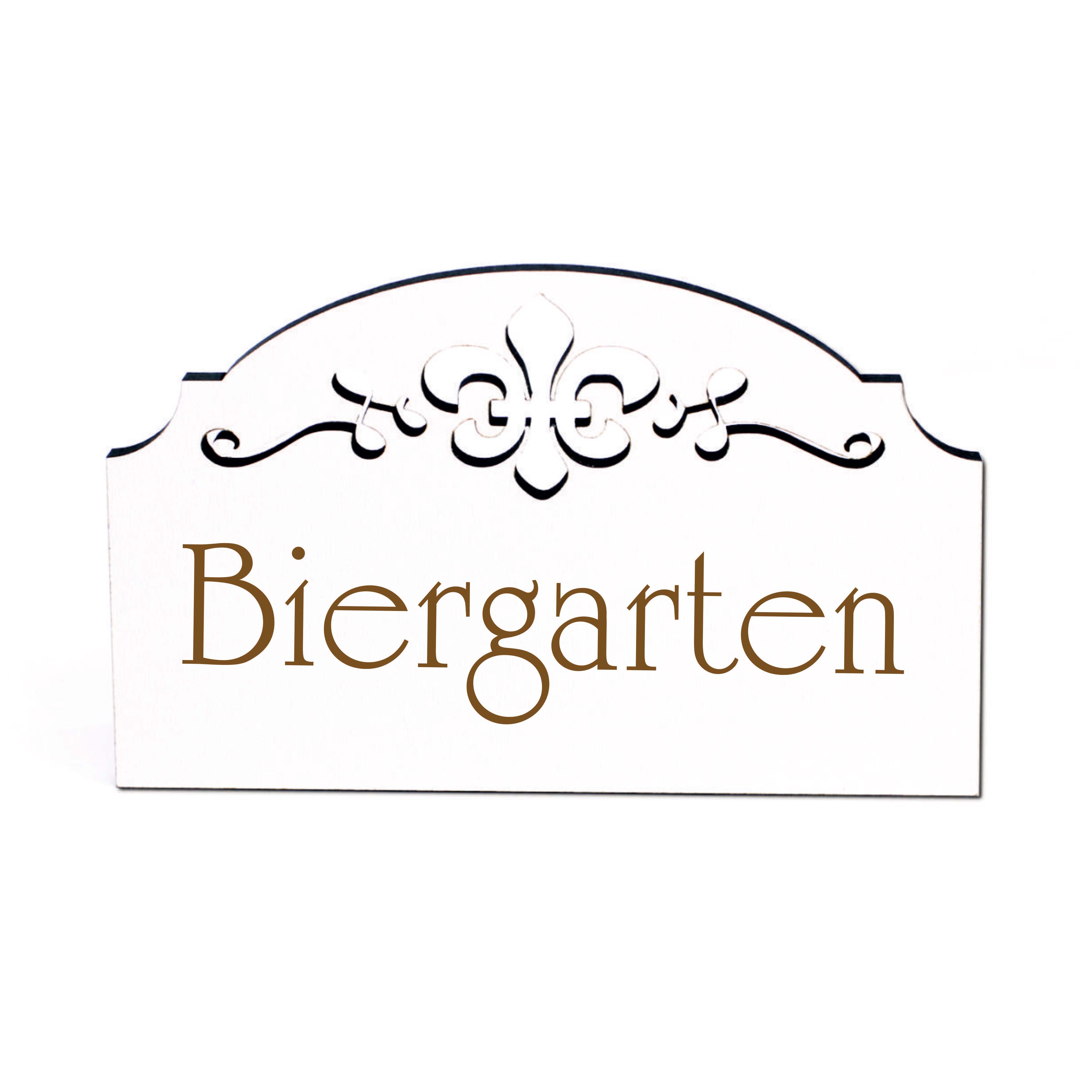 Biergarten Schild Holz graviert Ornamente selbstklebend Türschild Dekoschild 15,5 x 9,5 cm