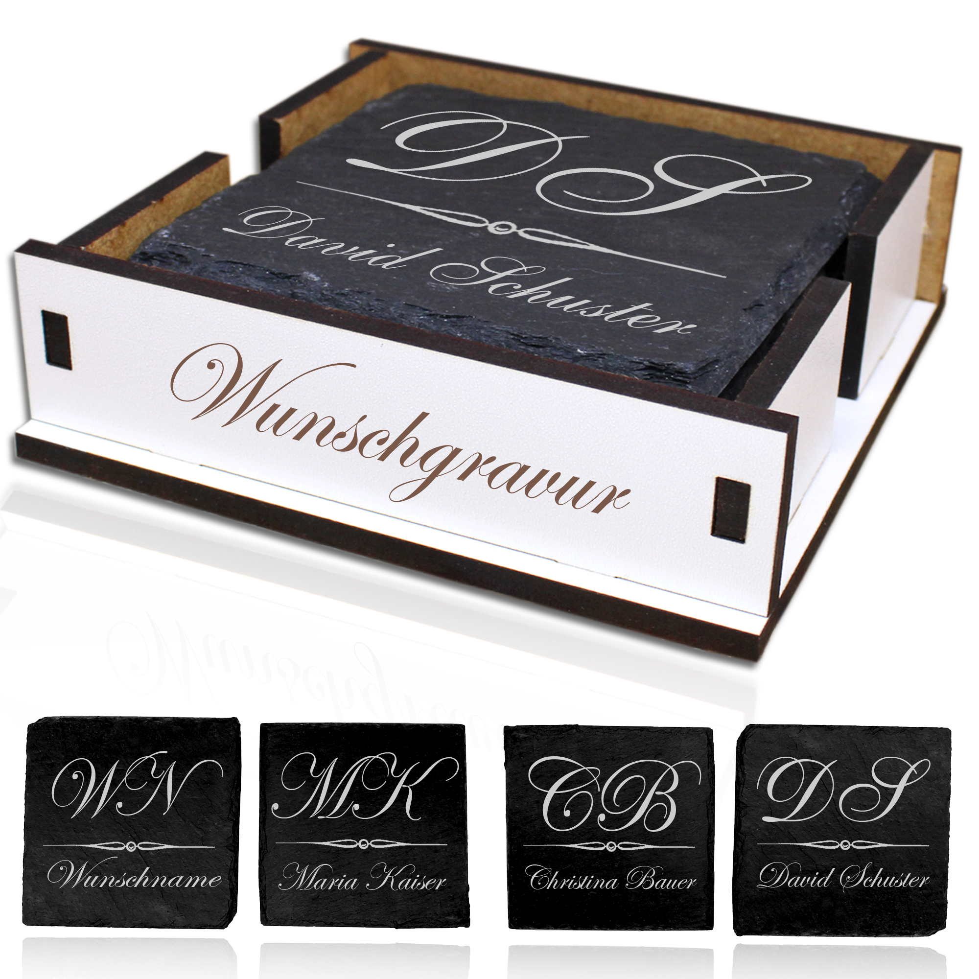 Schiefer Untersetzer personalisiert mit Namen eckig Gläseruntersetzer • Set 4 Stück • 11 x 11 cm