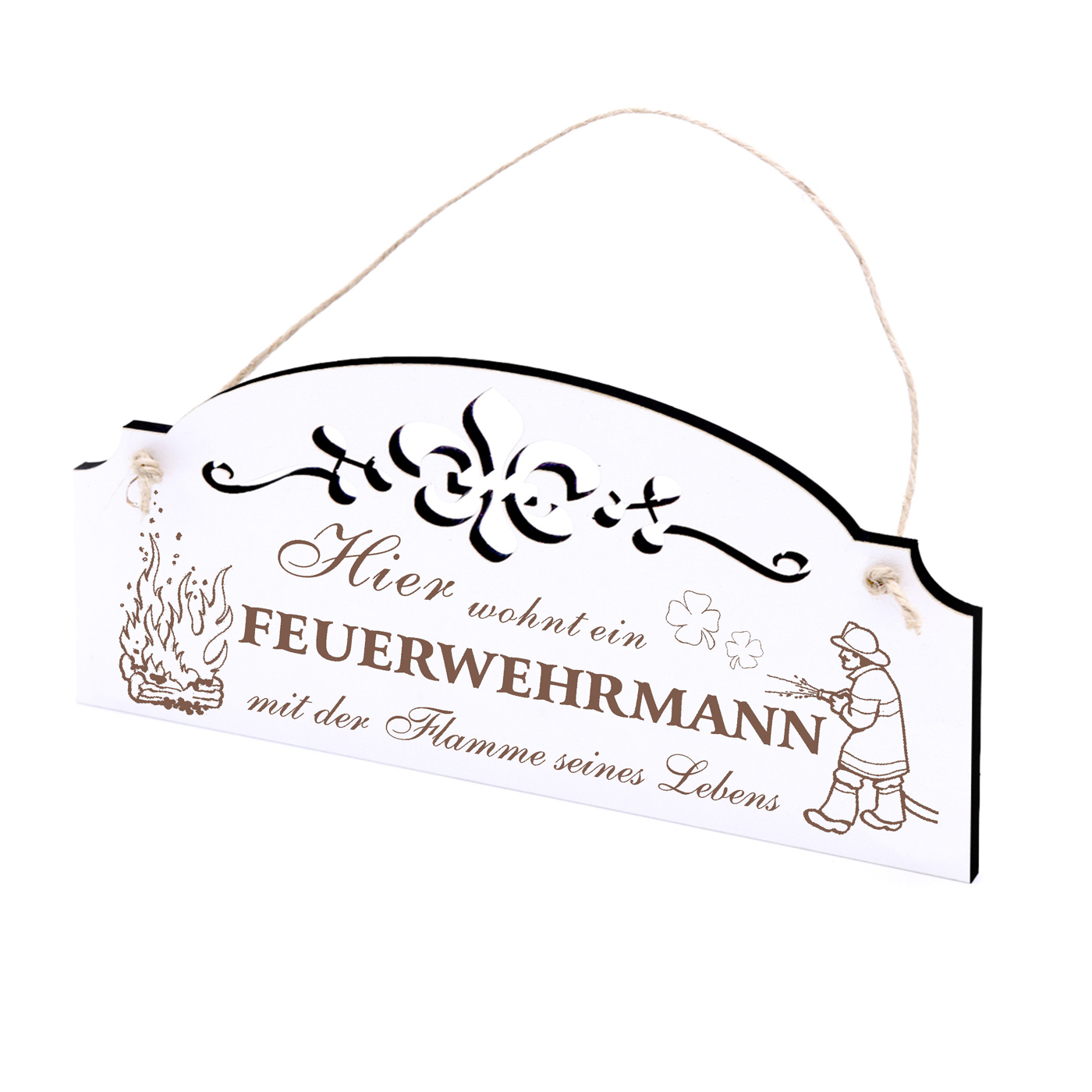 Schild - Hier wohnt ein Feuerwehrmann mit der Flamme seines Lebens - Holz 20x10cm