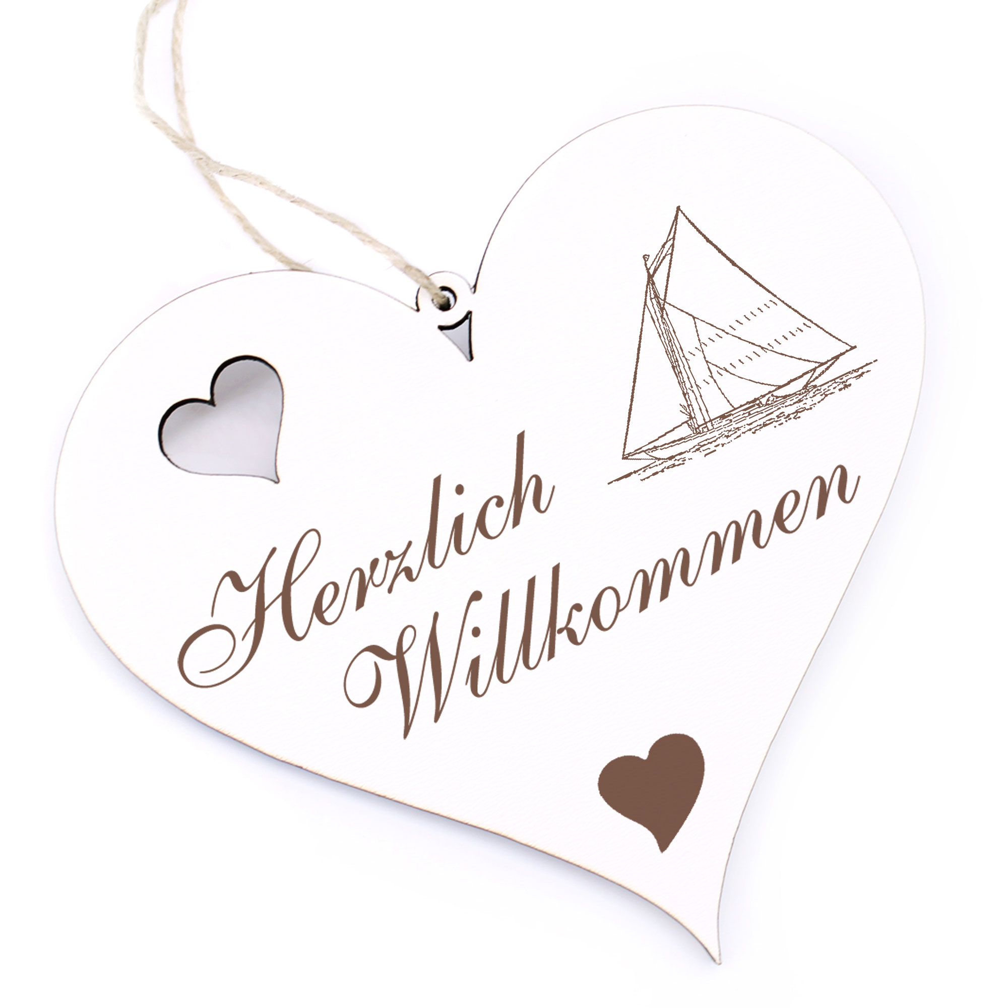 Herzlich Willkommen Schild - Segelschiff - Deko Herz Holz