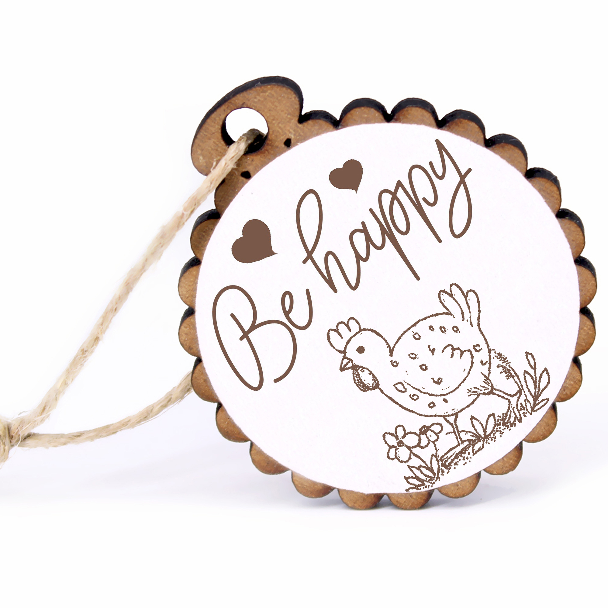 Geschenkanhänger - Be Happy Huhn auf einerWiese -  Holz Ø-5cm - mit Juteband