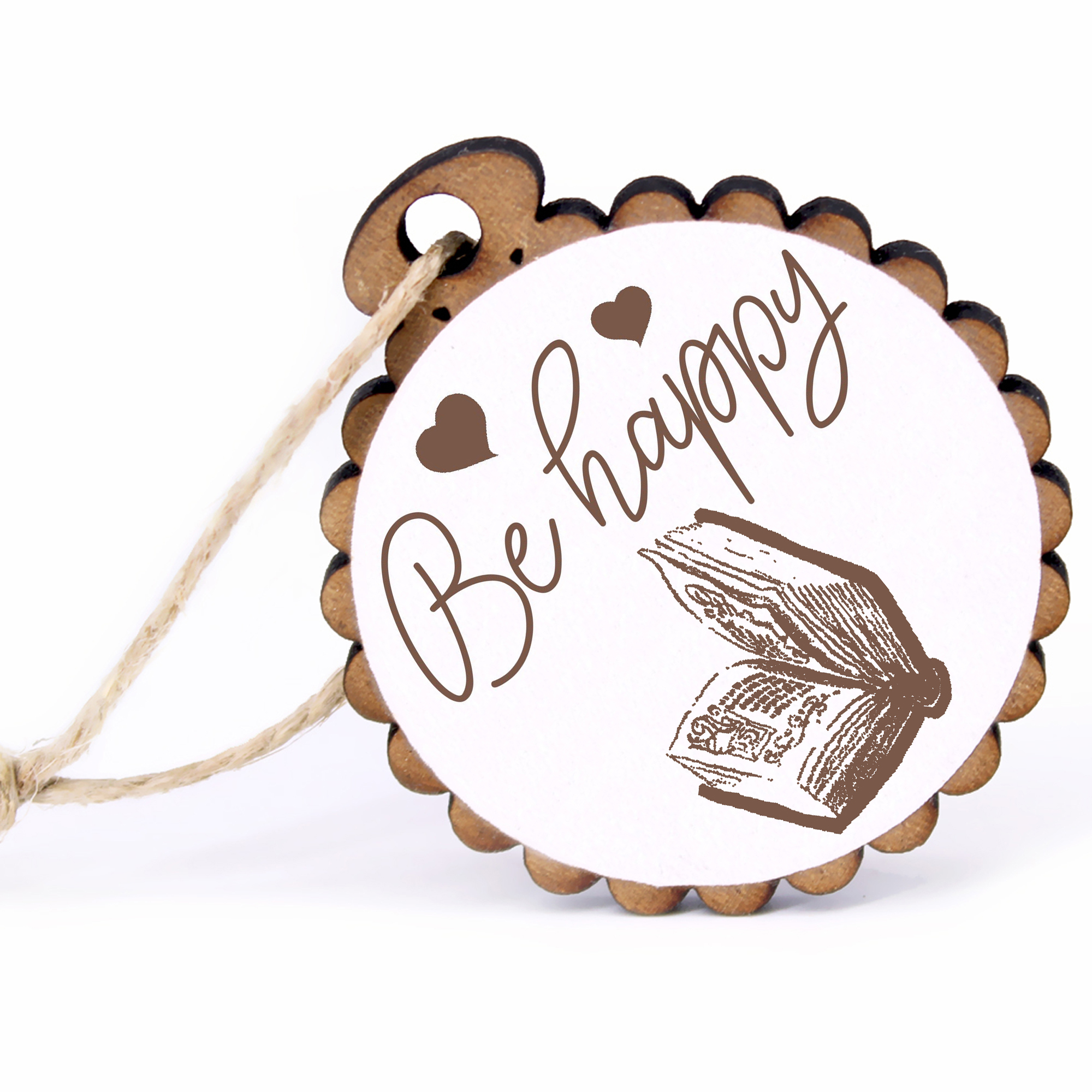 Geschenkanhänger - Be Happy Buch -  Holz Ø-5cm - mit Juteband