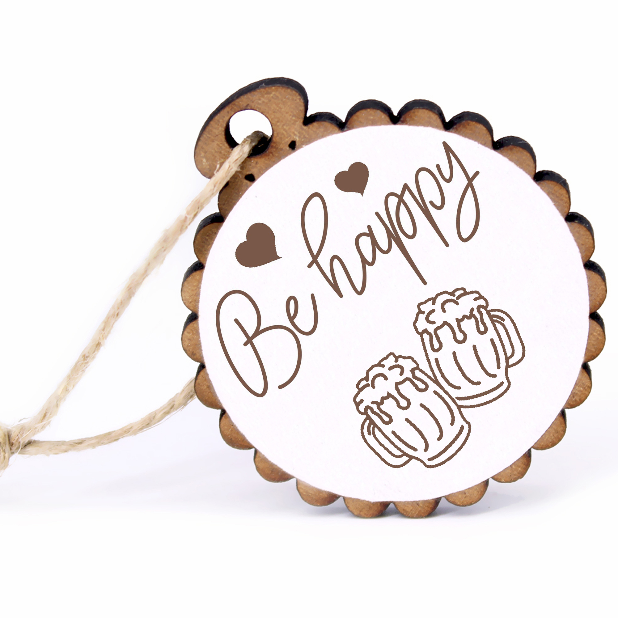 Geschenkanhänger - Be Happy Biergläser -  Holz Ø-5cm - mit Juteband