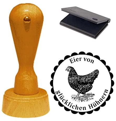 Stempel Eier von glücklichen Hühnern mit Motiv schwarzes Huhn Ø 40 mm - inkl. Kissen