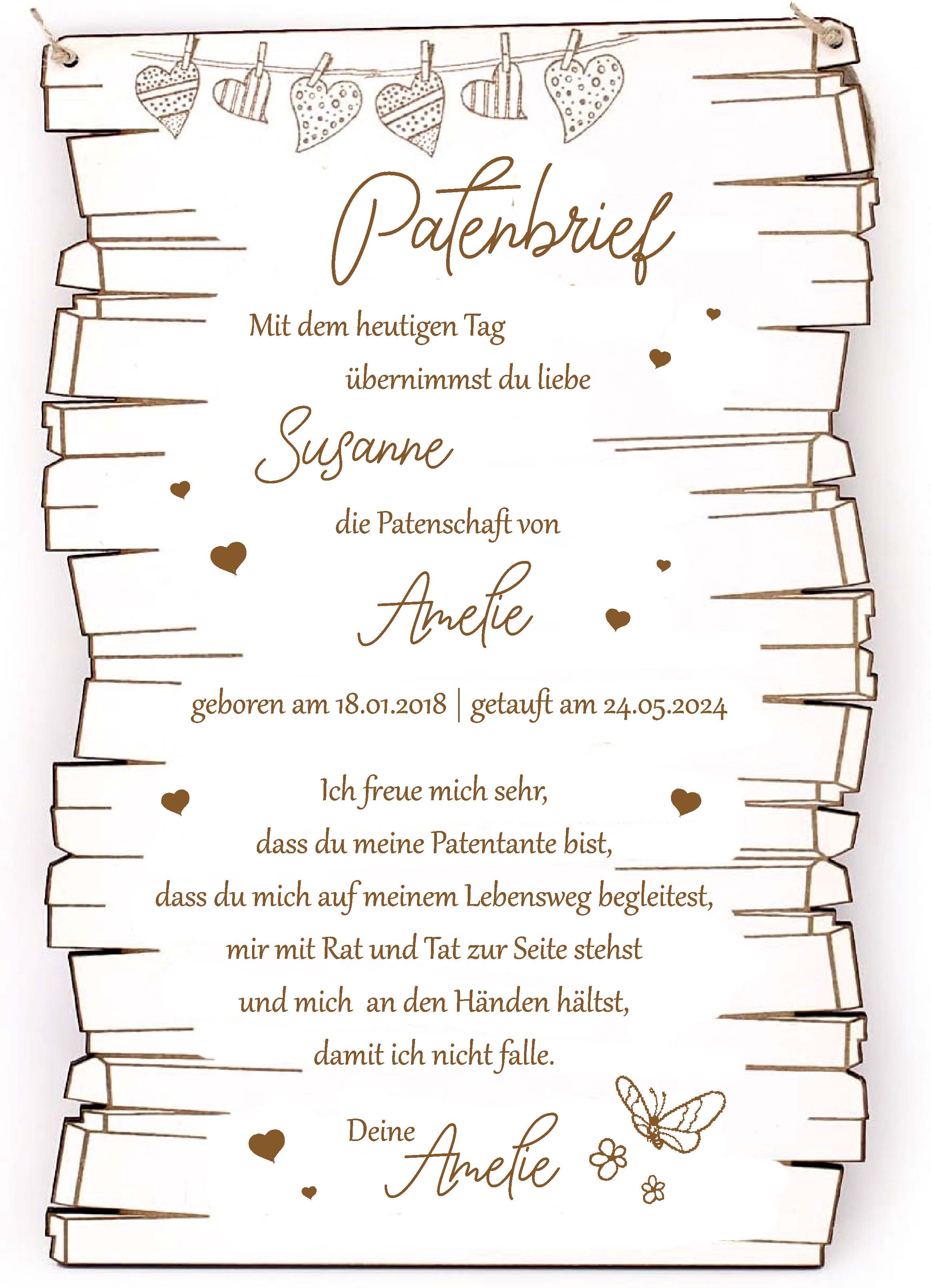 Patenbrief Taufe für Taufpaten aus Holz Personalisiertes Geschenk Taufkind für Patentante Patenonkel