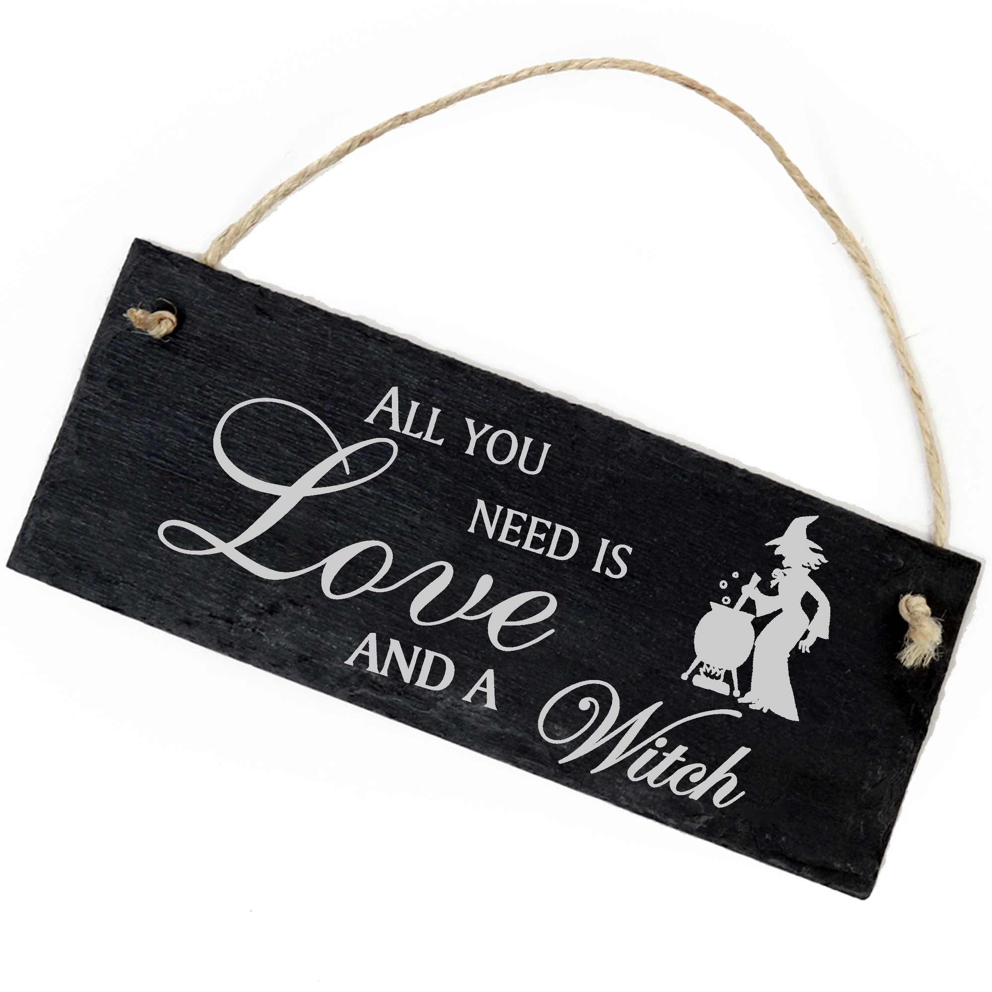 Schiefertafel Deko Hexe am Kessel Schild 22 x 8 cm - All you need is Love and a Witch