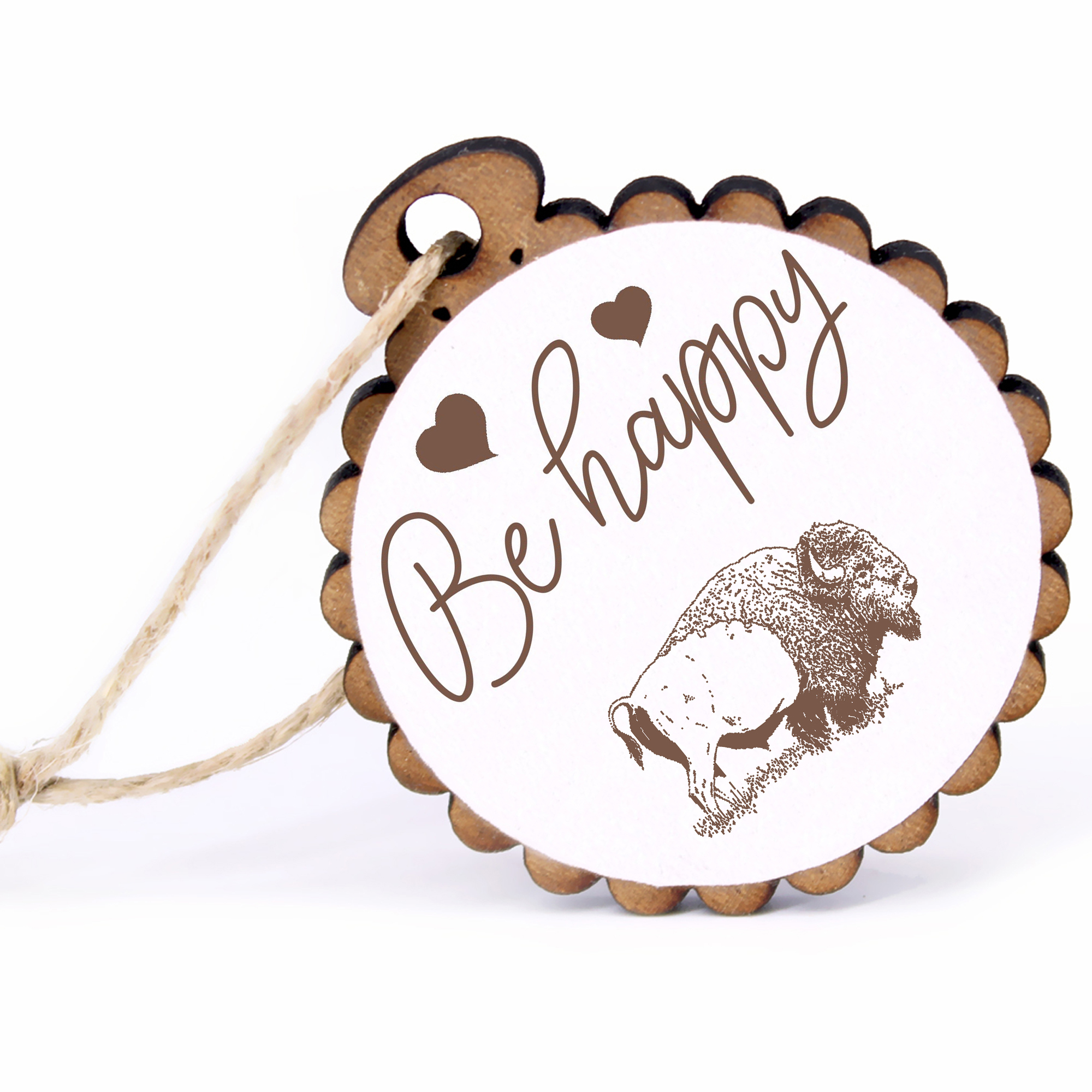 Geschenkanhänger - Be Happy Bison -  Holz Ø-5cm - mit Juteband