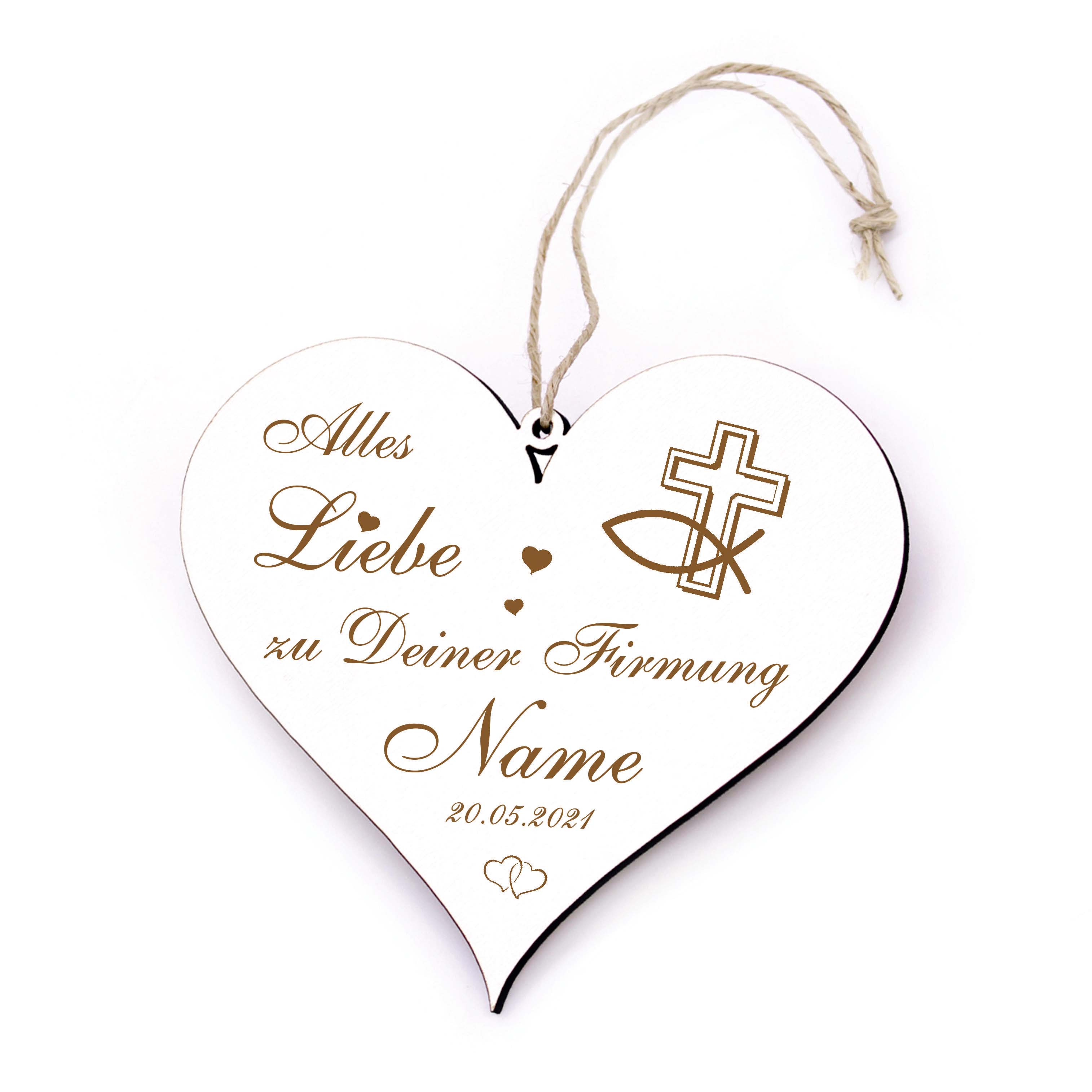 Firmung Schild Herz graviert - Alles Liebe zur Firmung - Holz Geschenk mit Namen + Datum 13 x 12 cm