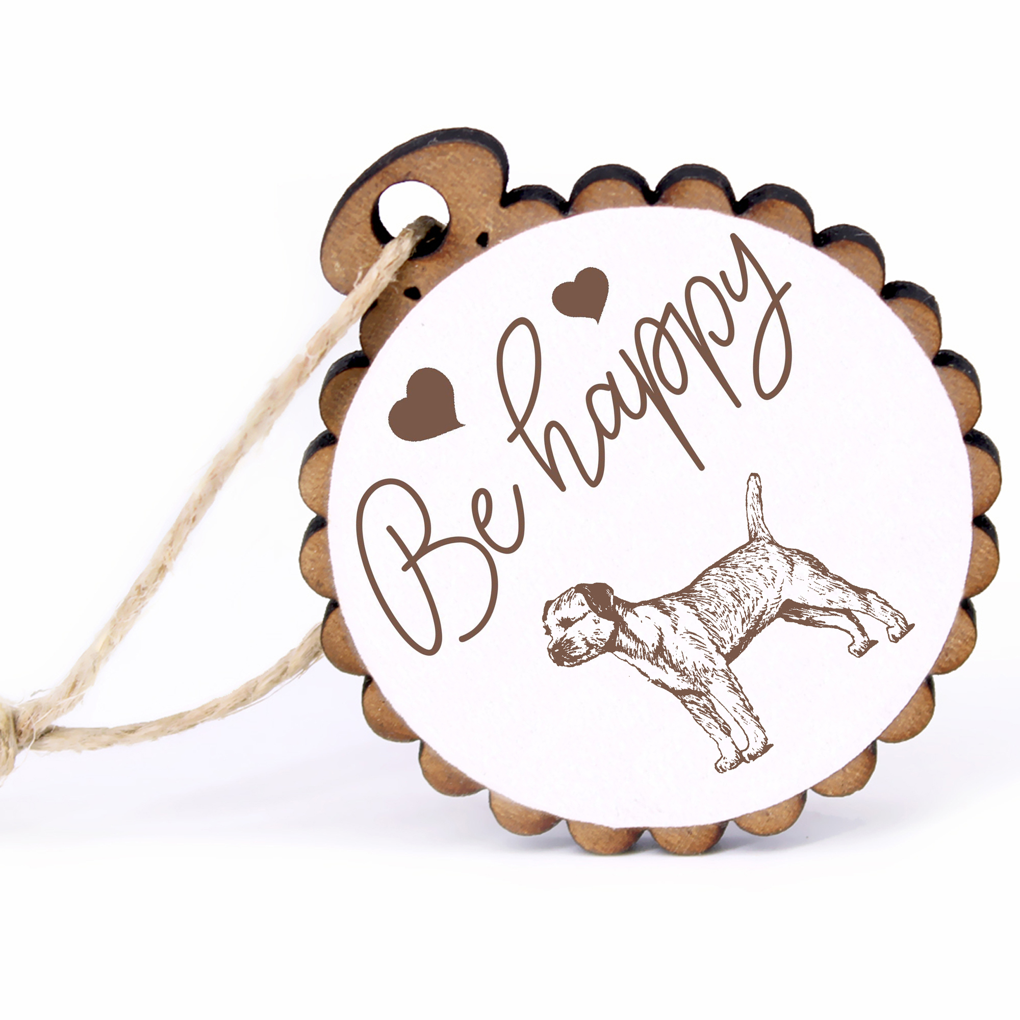 Geschenkanhänger - Be Happy Border Terrier -  Holz Ø-5cm - mit Juteband