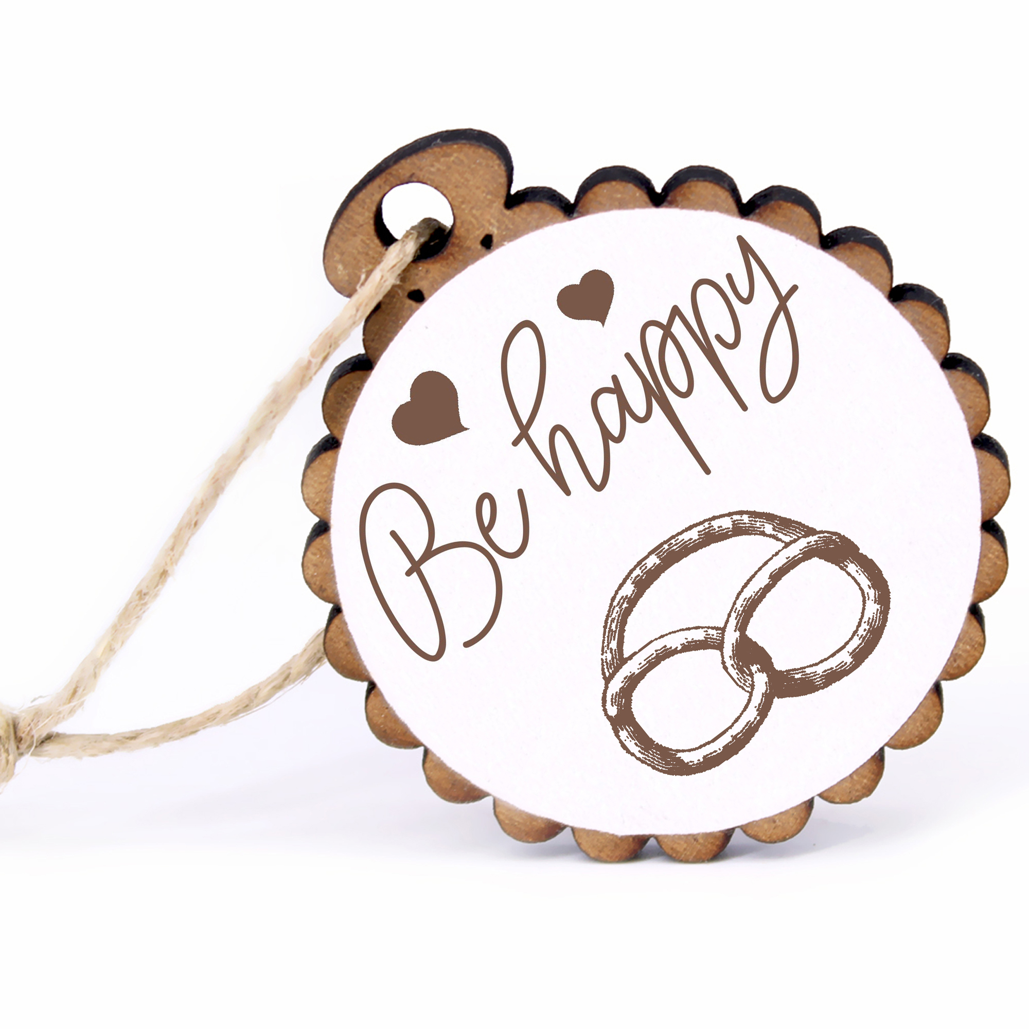 Geschenkanhänger - Be Happy Brezel -  Holz Ø-5cm - mit Juteband