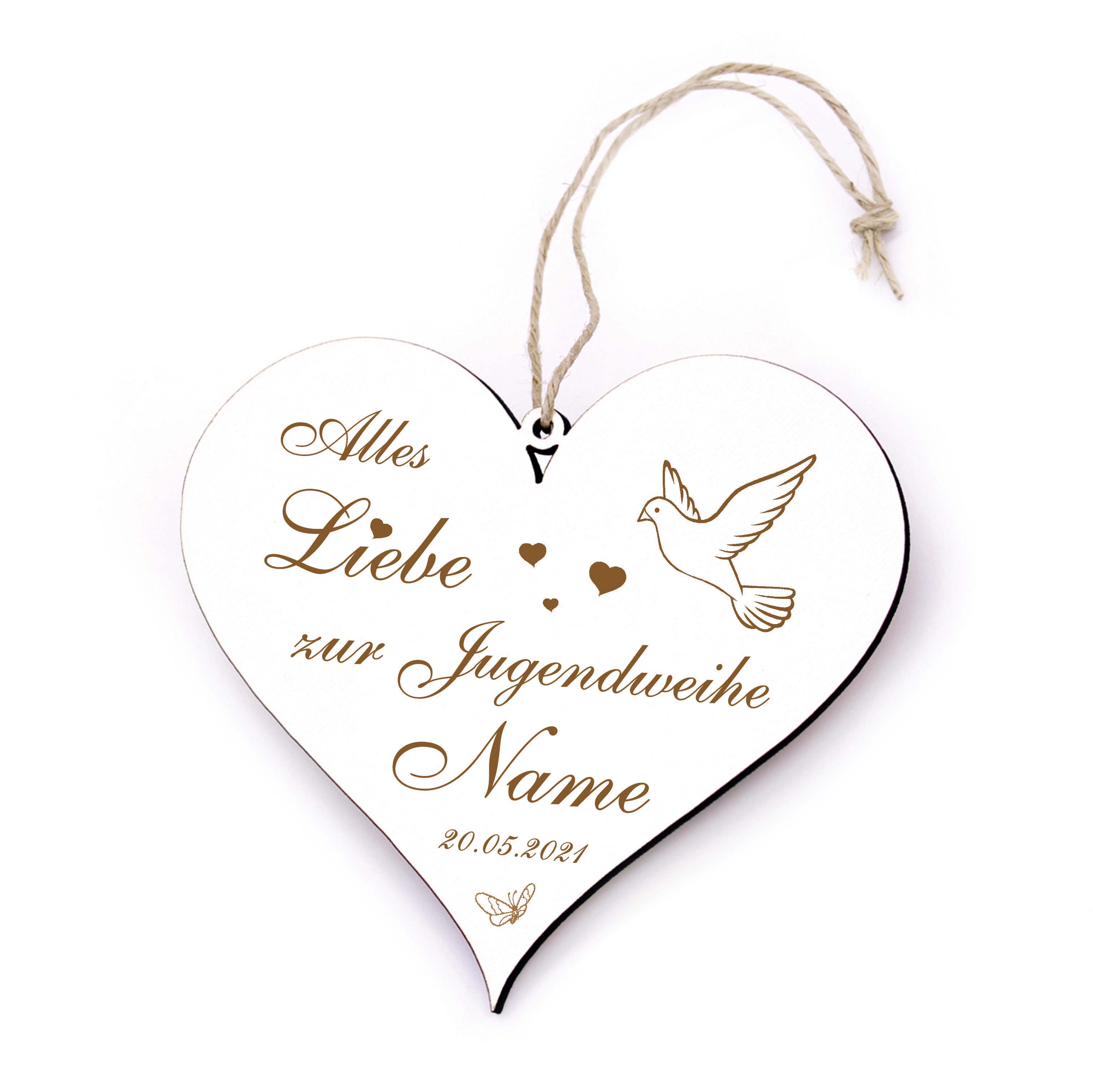 Jugendweihe Schild Herz graviert Alles Liebe zur Jugendweihe - Holz Geschenk Namen + Datum  13 x 12