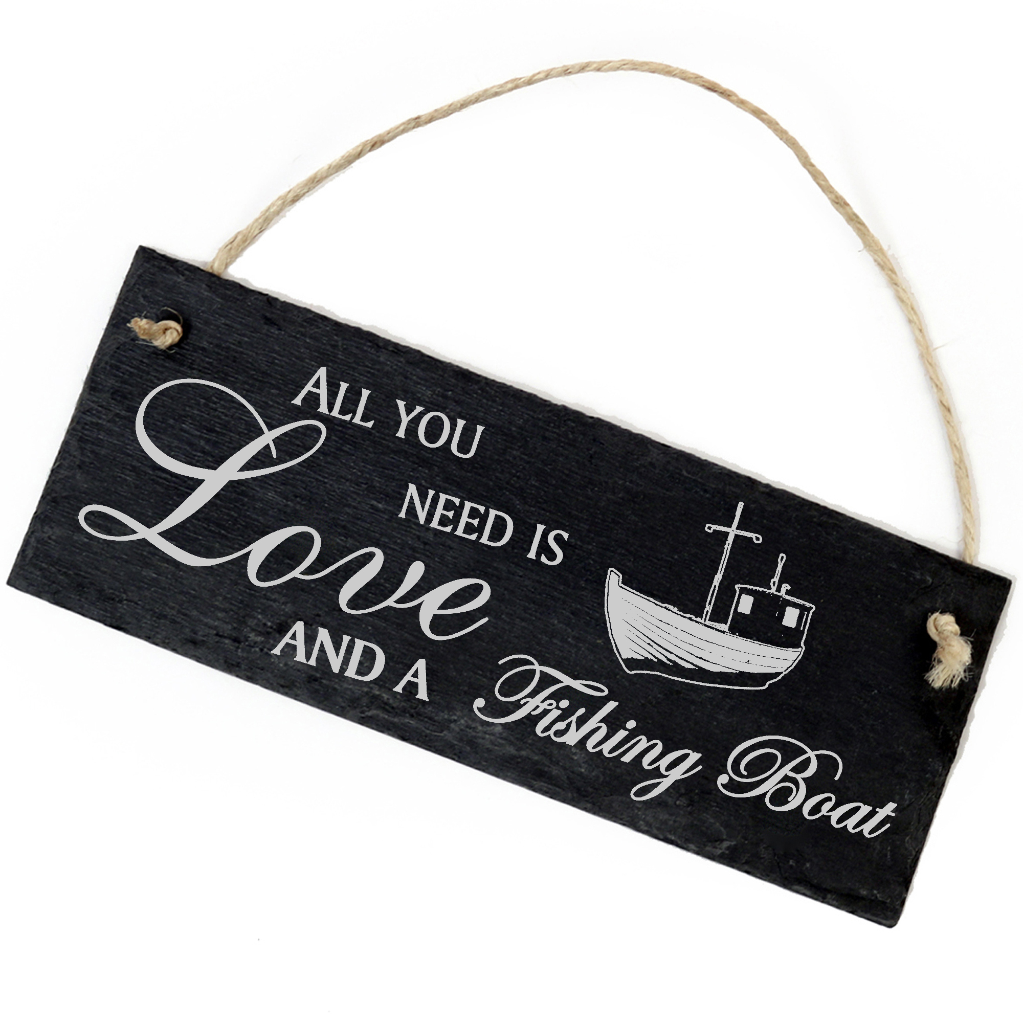 Schiefertafel Deko Fischkutter Schild 22 x 8 cm - All you need is Love and a Fishing Boat