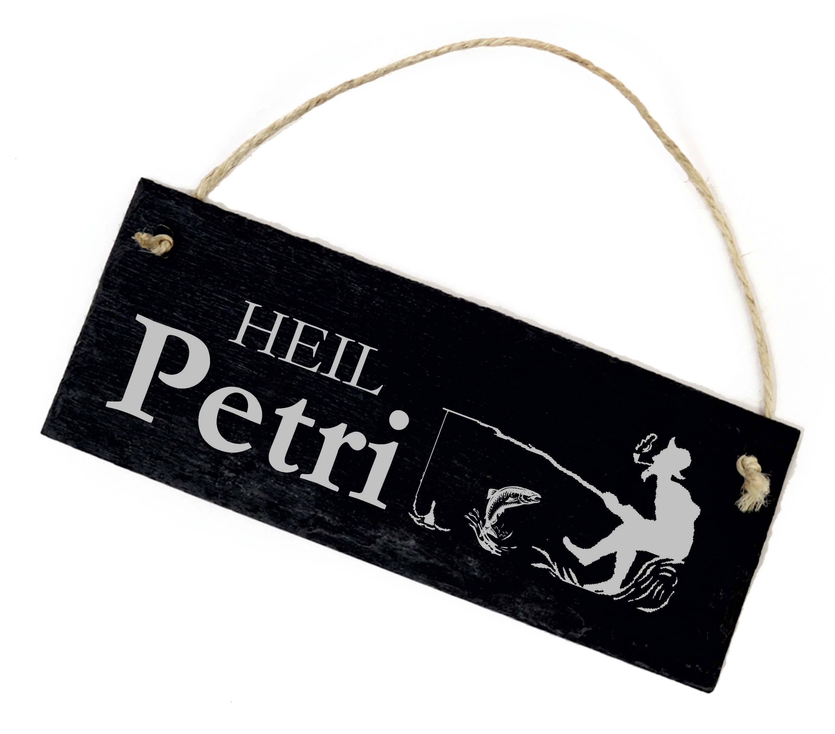 Petri Heil Türschild Schild Schiefer Gravur für Angler Fische angeln Dekoschild 22 x 8 cm