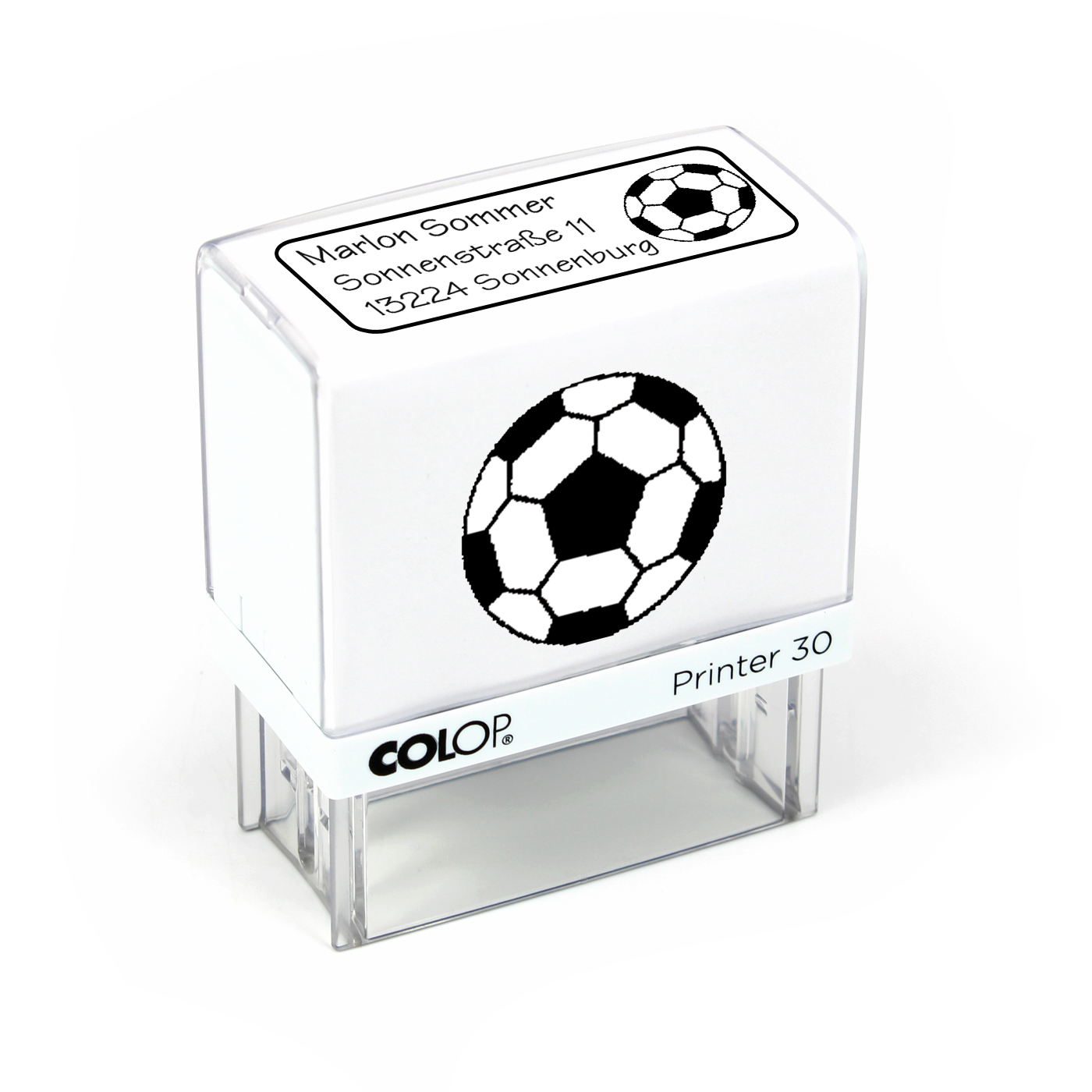 Kinderstempel Fußball - Automatikstempel mit Namen, Adresse und Motiv 47 x 18 mm