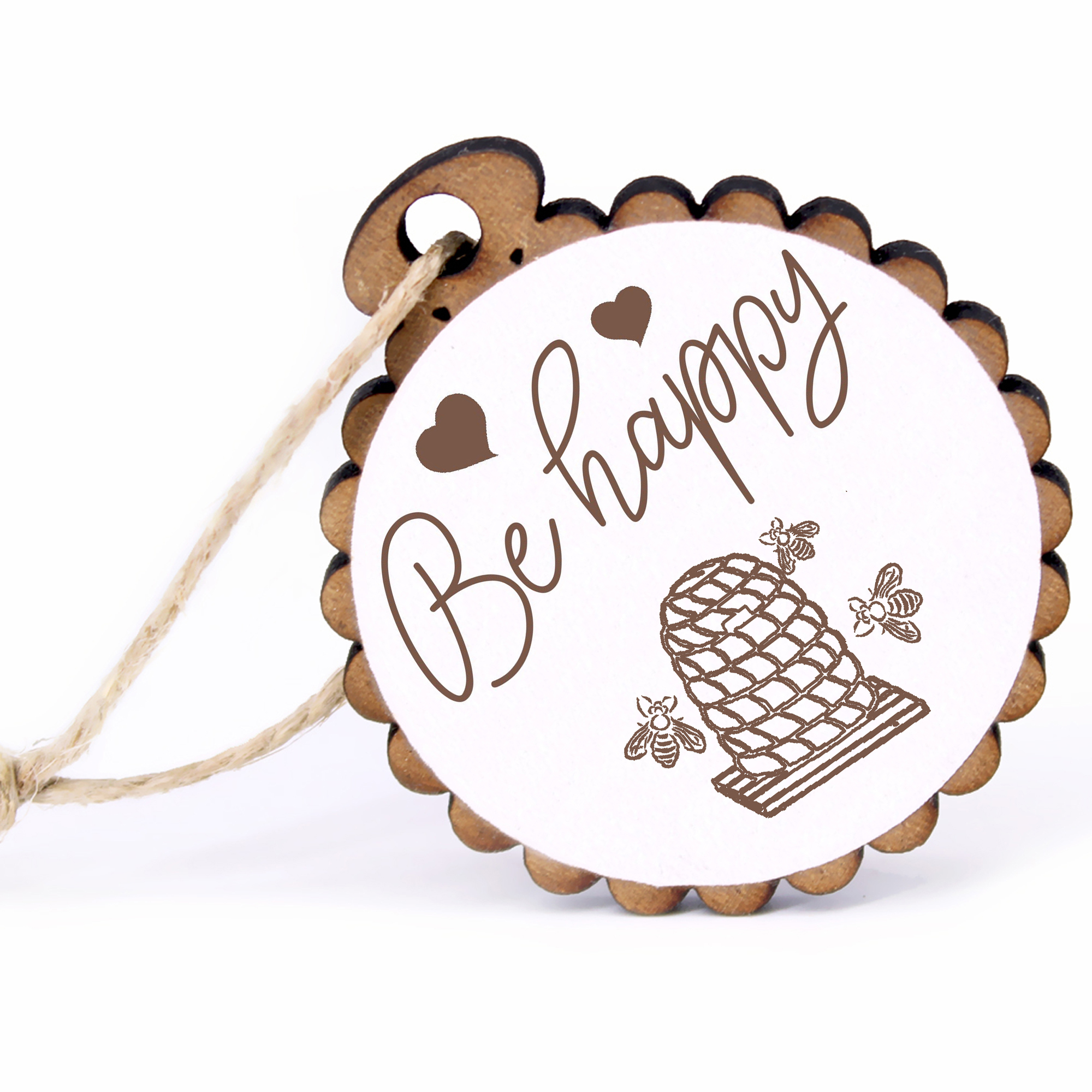 Geschenkanhänger - Be Happy Bienenstock -  Holz Ø-5cm - mit Juteband