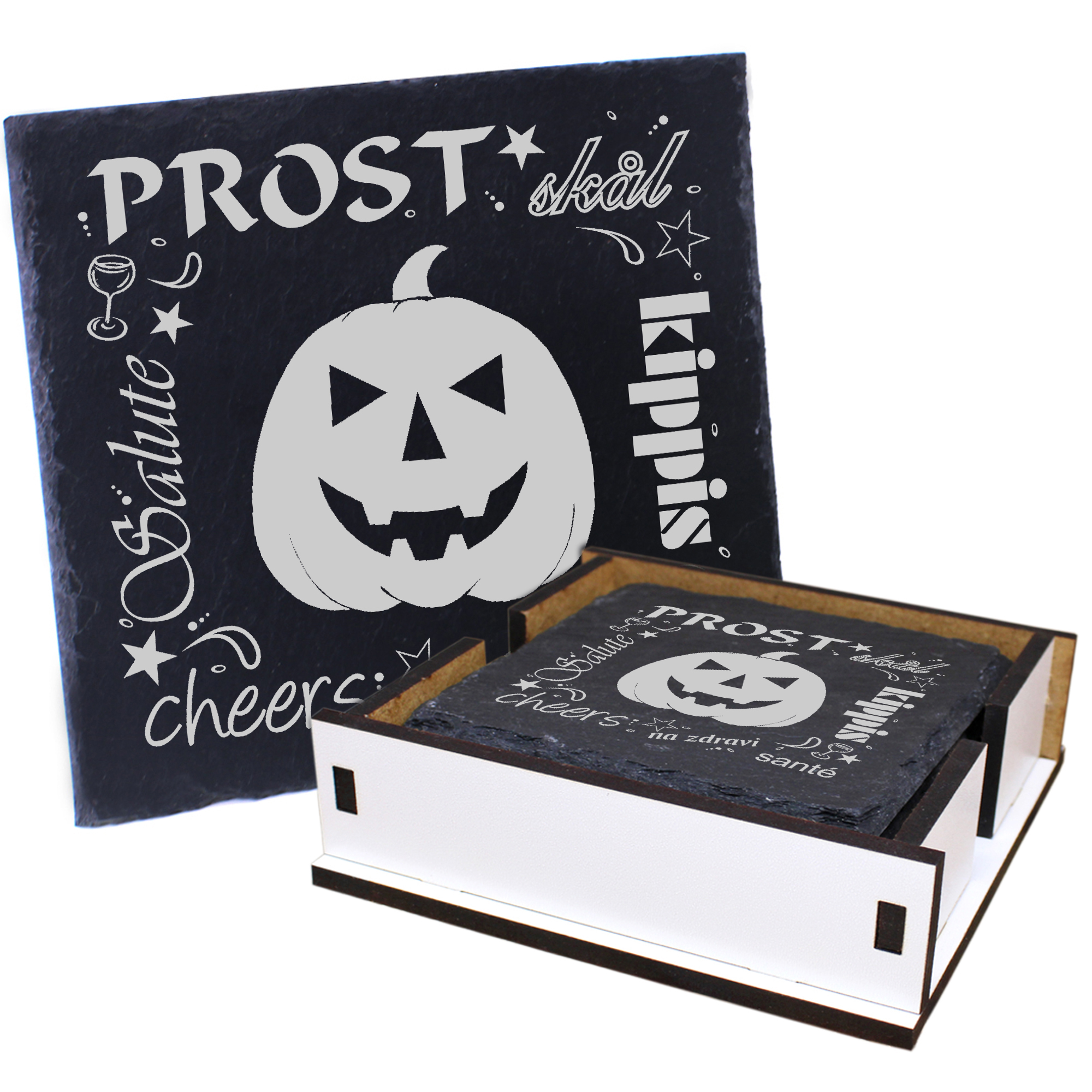 5 x Schiefer Untersetzer - Prost Halloween Kürbiskopf - inkl. Holzbox & Flaschenuntersetzer