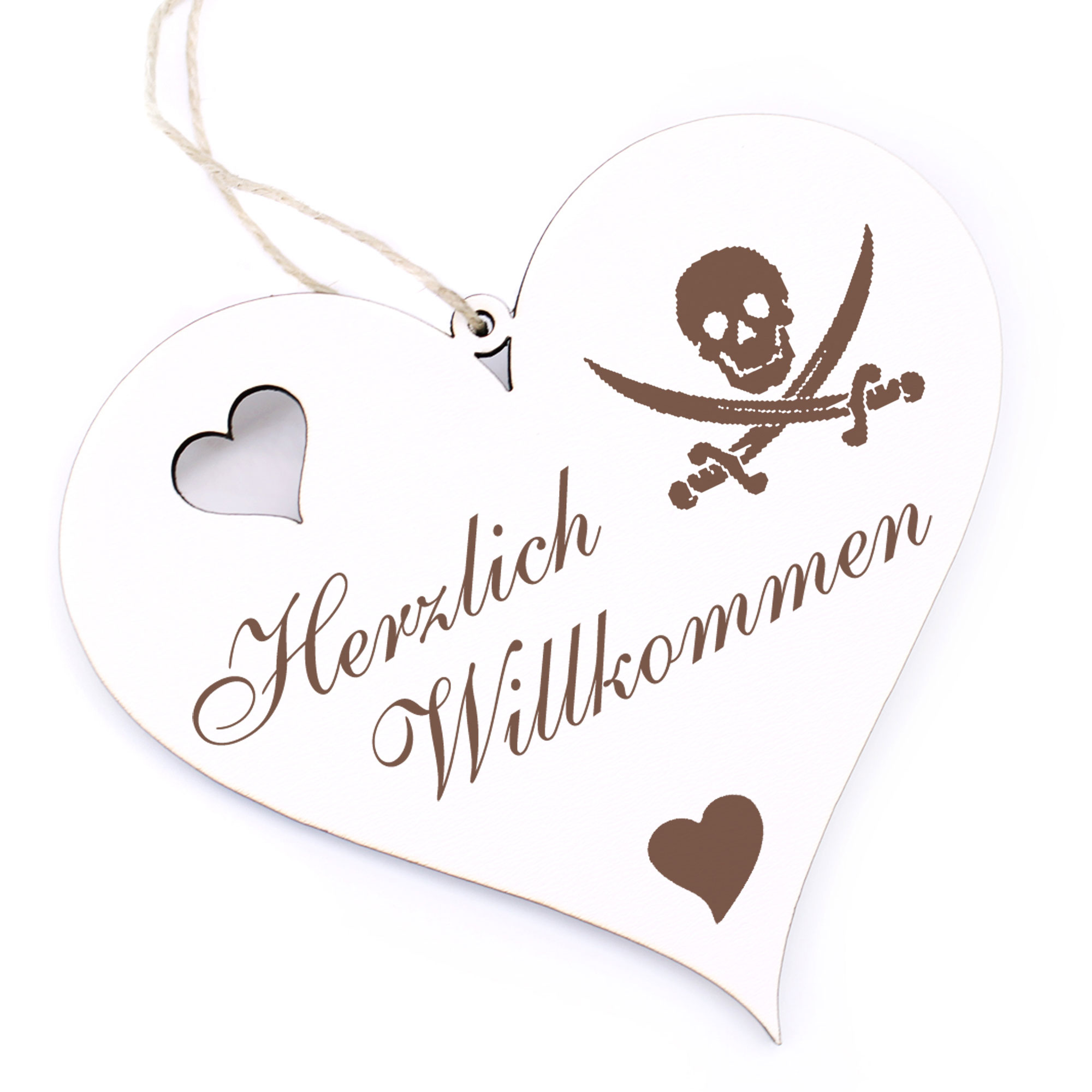 Herzlich Willkommen Schild - Piratenzeichen - Deko Herz Holz