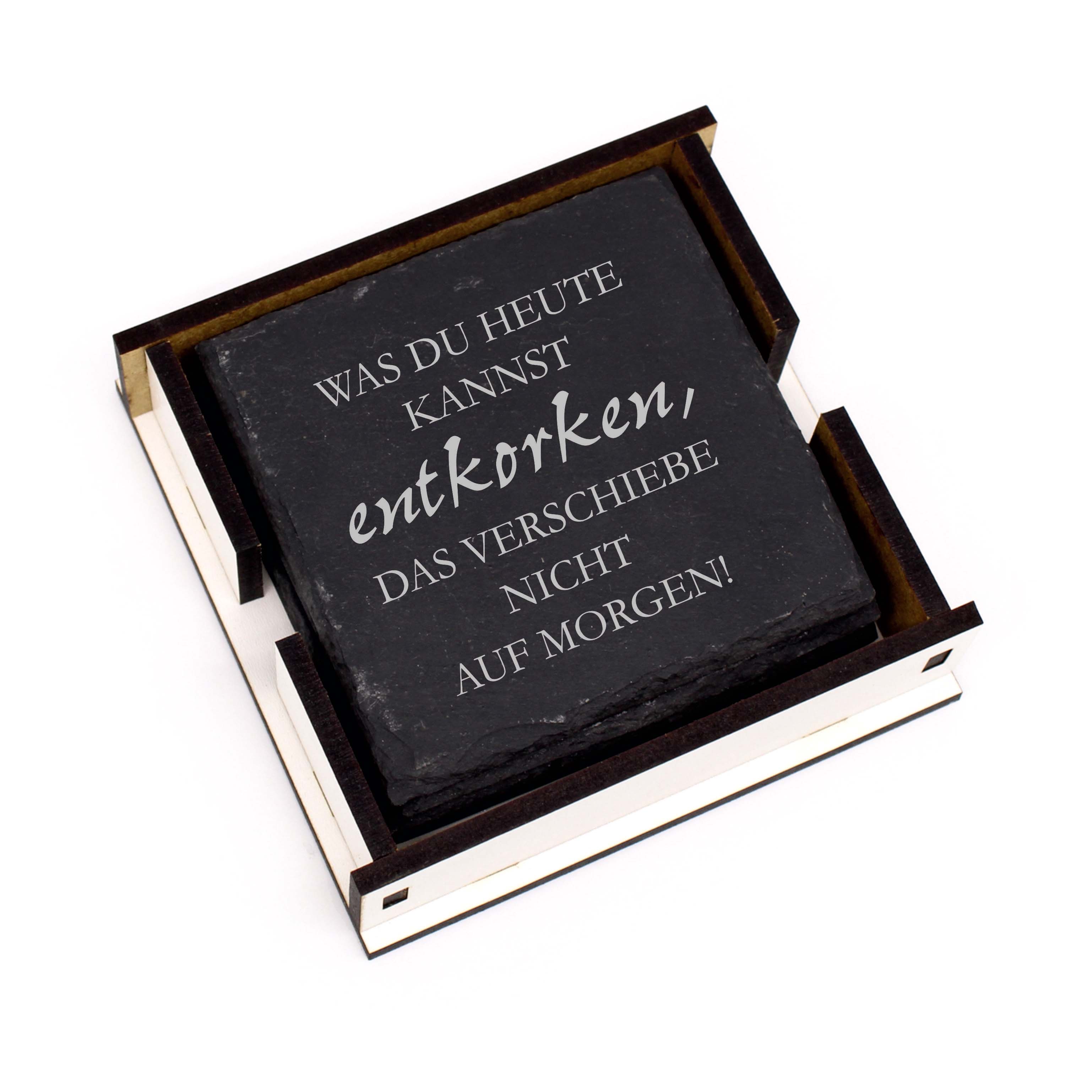 Untersetzer Schiefer eckig 4er Set + Box graviert Spruch - Was du heute kannst entkorken 11 x 11 cm