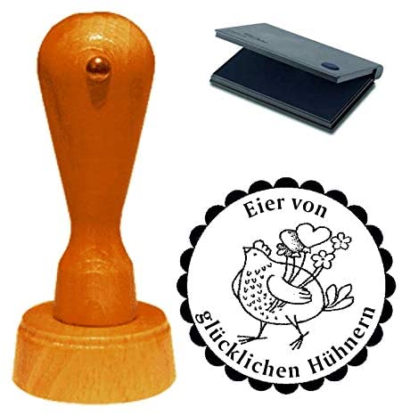 Stempel Eier von glücklichen Hühnern mit Motiv Huhn mit Herzen Ø 40 mm - inkl. Kissen