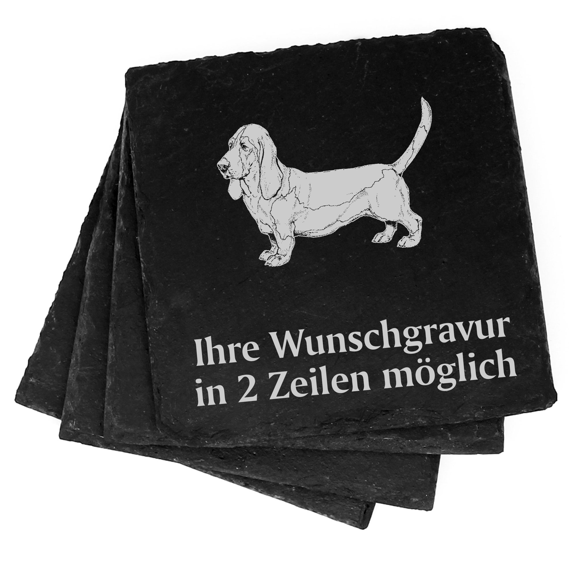 4x Basset Hound Deko Schiefer Untersetzer Wunschgravur Set - 11 x 11 cm