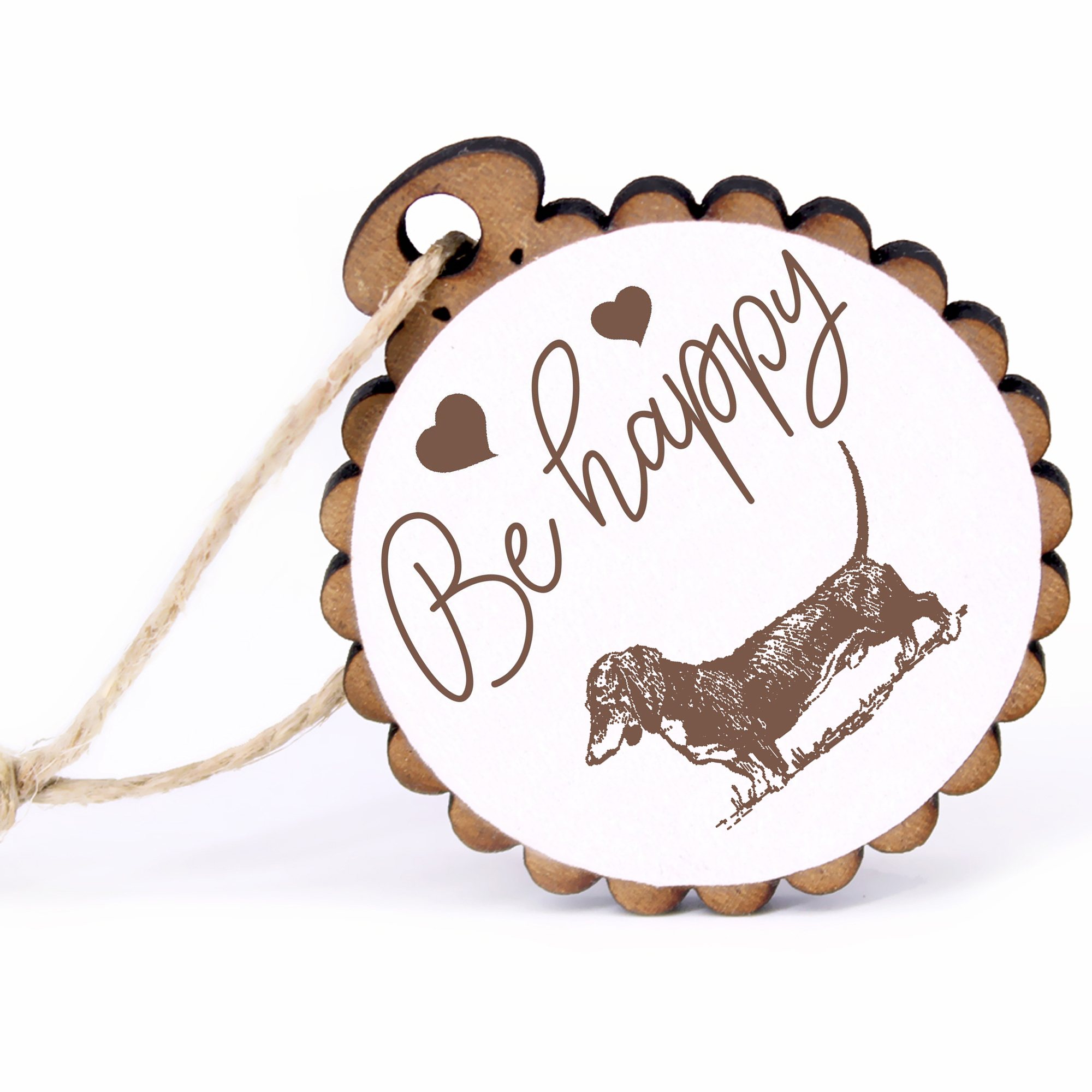 Geschenkanhänger - Be Happy Dachshund -  Holz Ø-5cm - mit Juteband