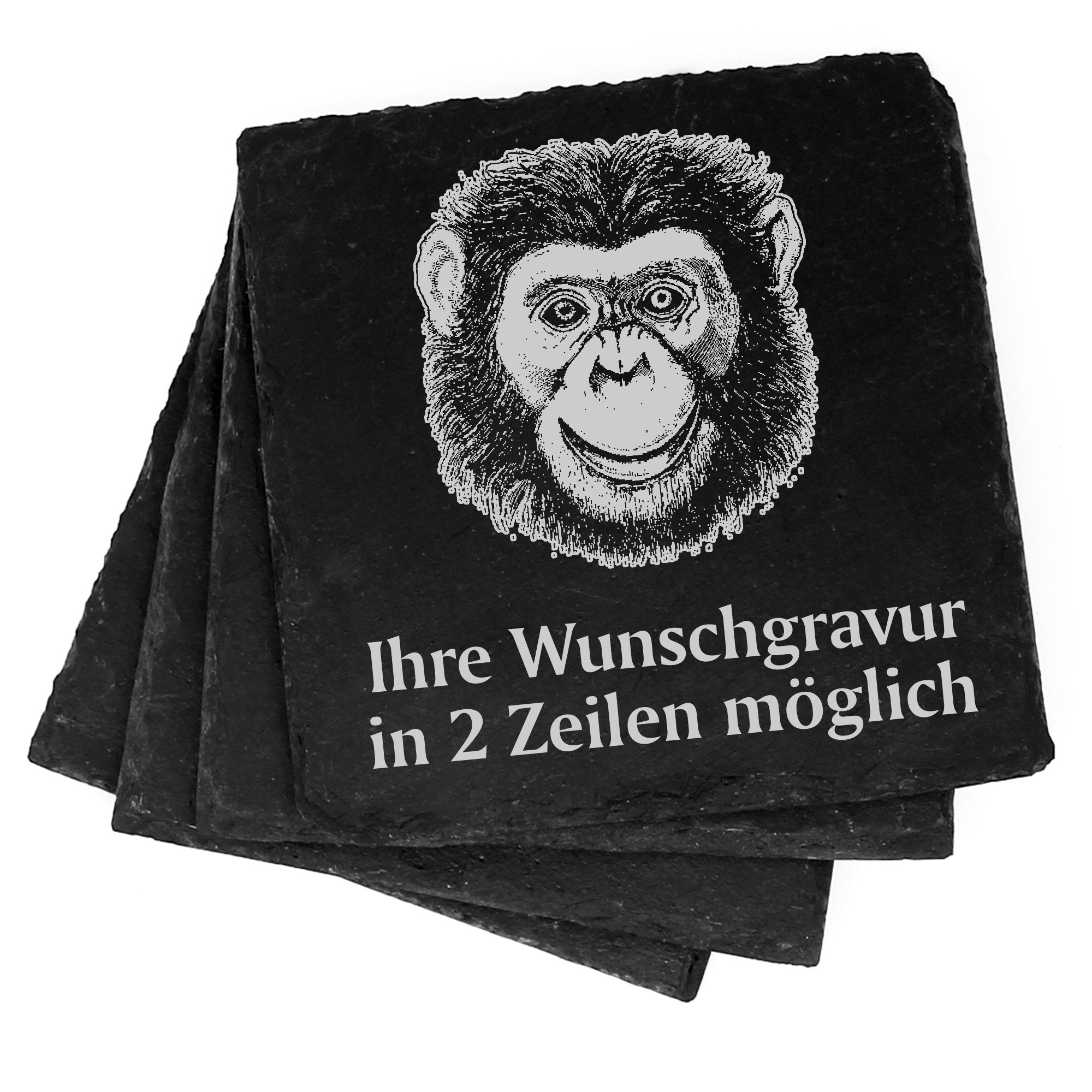 4x Affe Schimpanse Kopf Deko Schiefer Untersetzer Wunschgravur Set - 11 x 11 cm