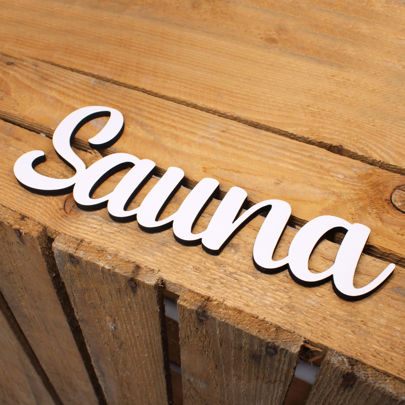 Sauna Türschild Schriftzug weiß Holzschild Türdeko Buchstaben Zimmer selbstklebend 24 x 9 cm