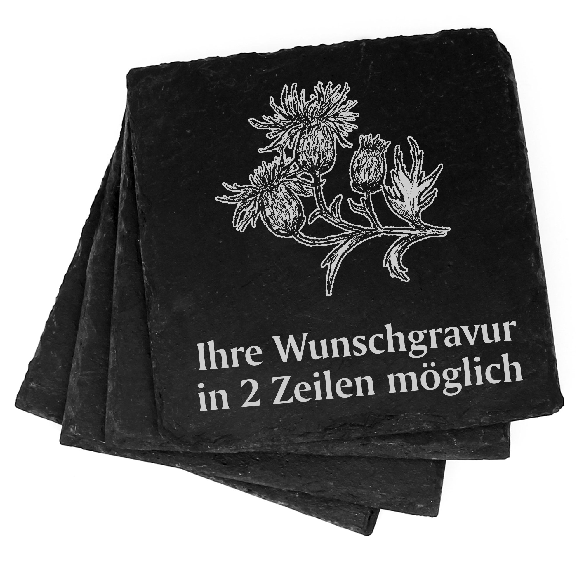 4x Distel Deko Schiefer Untersetzer Wunschgravur Set - 11 x 11 cm