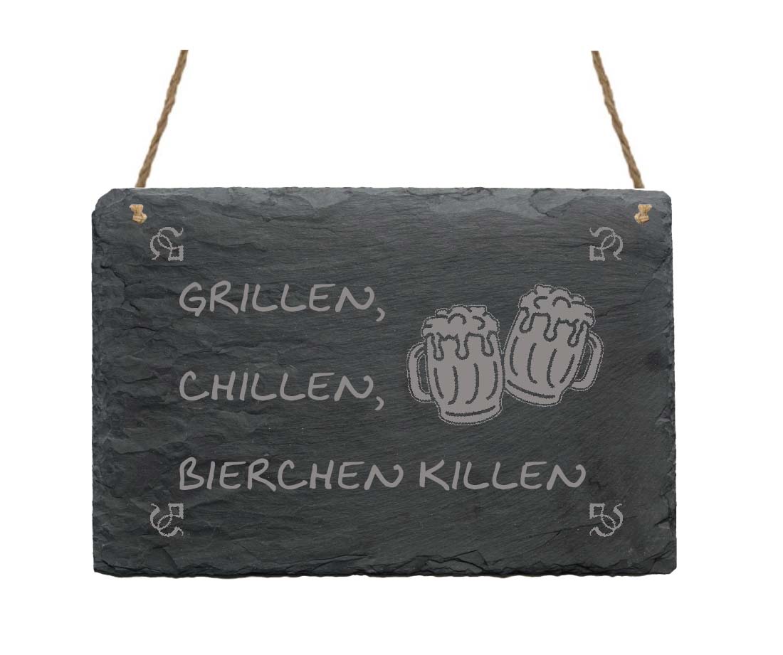 Schiefertafel « Grillen, Chillen, Bierchen killen »