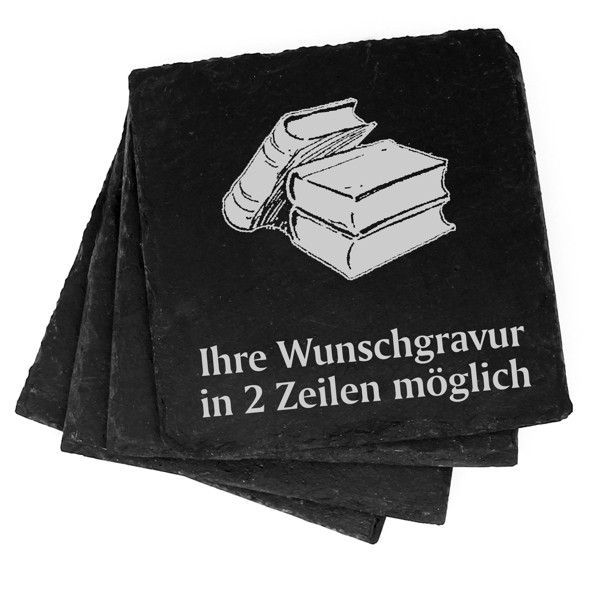 4x Bücher Deko Schiefer Untersetzer Wunschgravur Set - 11 x 11 cm