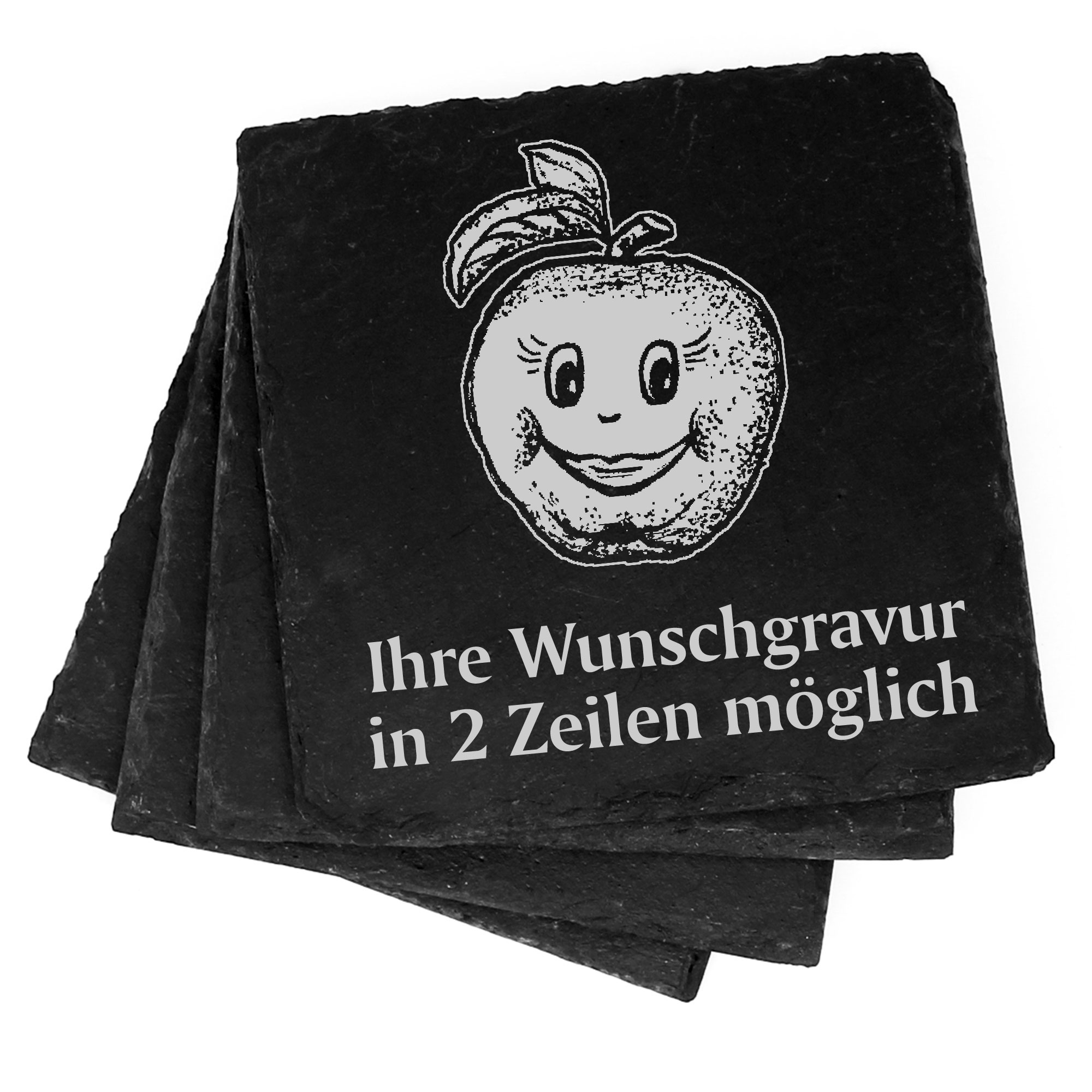 4x Apfel mit Gesicht Deko Schiefer Untersetzer Wunschgravur Set - 11 x 11 cm