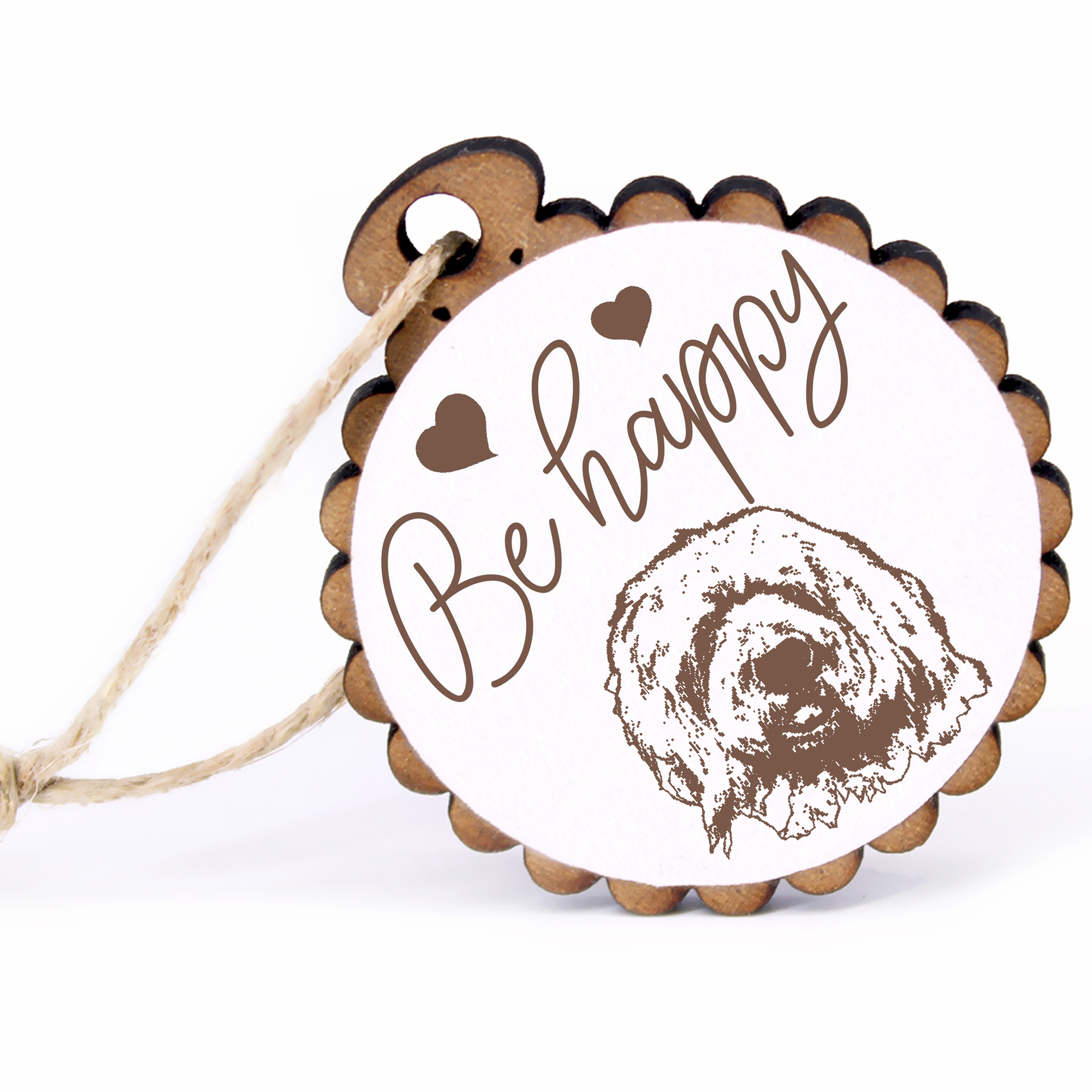 Geschenkanhänger - Be Happy Bobtail -  Holz Ø-5cm - mit Juteband