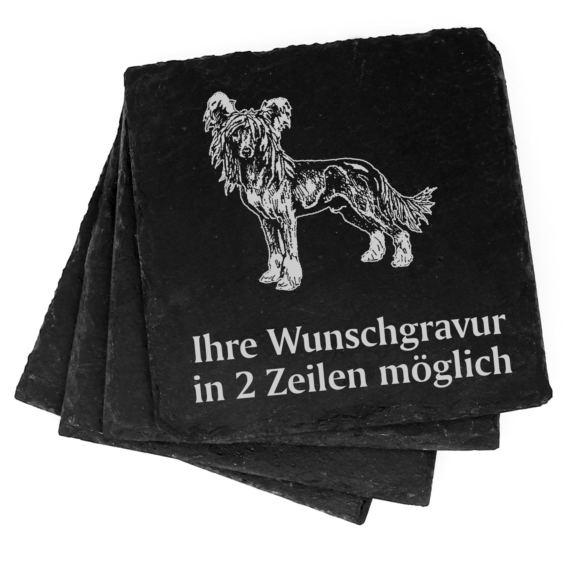 4x Chinesischer Schopfhund Deko Schiefer Untersetzer Wunschgravur Set - 11 x 11 cm