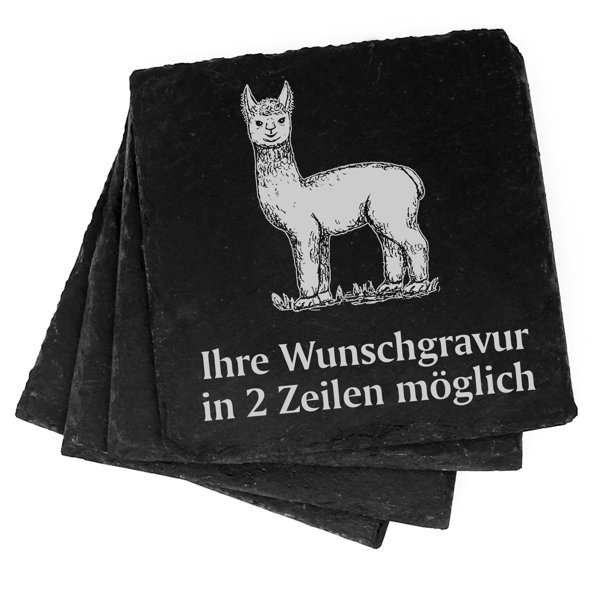 4x Alpaka Lama Deko Schiefer Untersetzer Wunschgravur Set - 11 x 11 cm