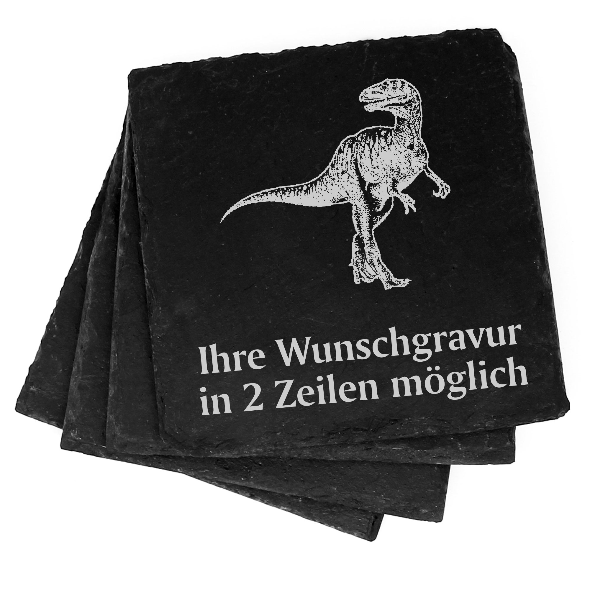 4x Dinosaurier Megalosaurus Deko Schiefer Untersetzer Wunschgravur Set - 11 x 11 cm