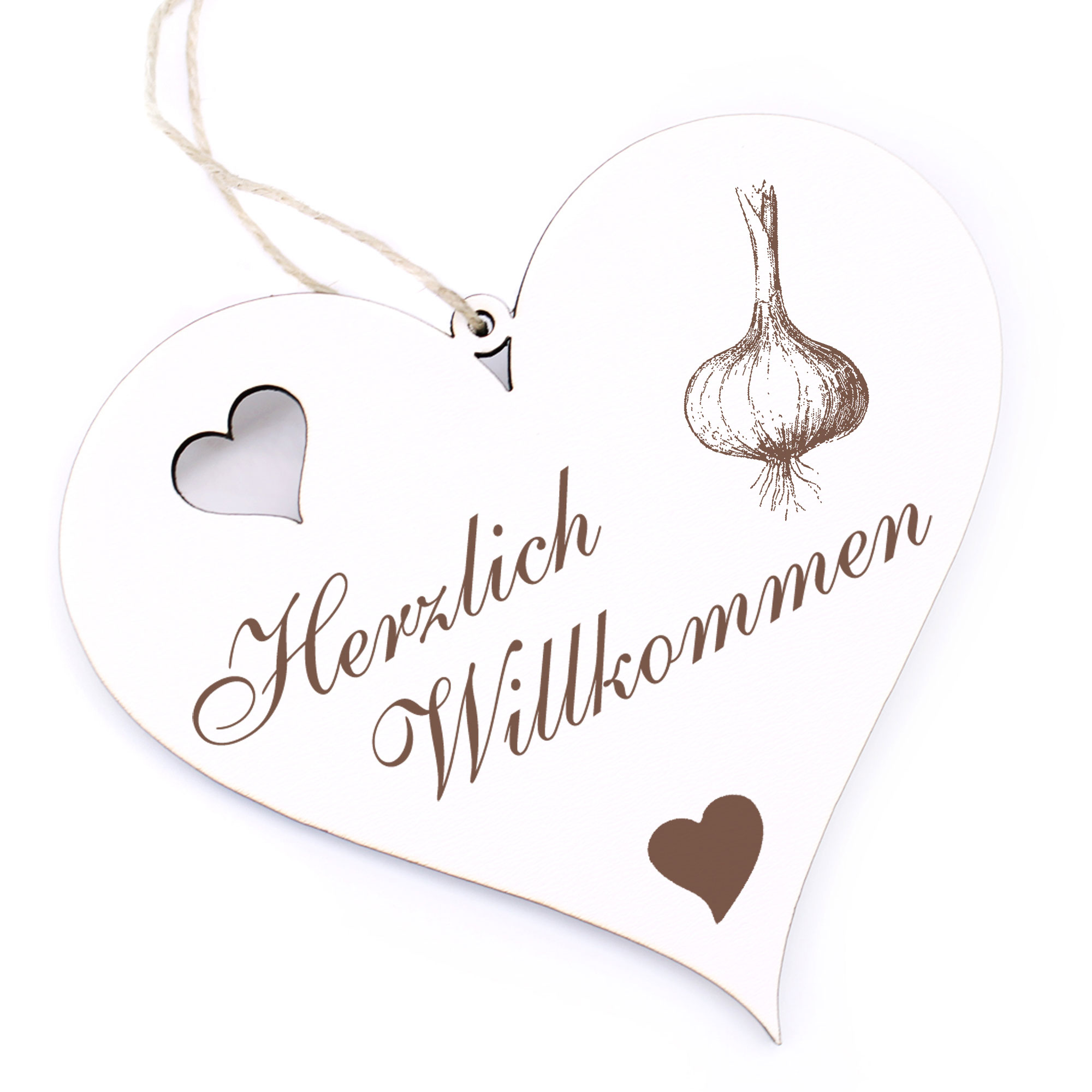 Herzlich Willkommen Schild - Knoblauch - Deko Herz Holz