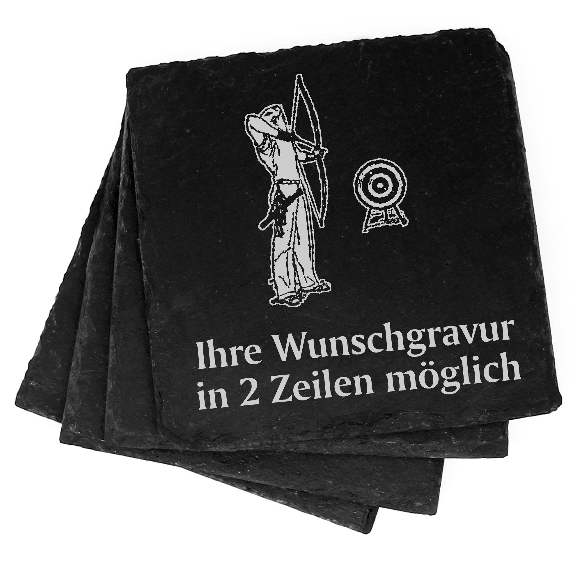 4x Bogenschießen Deko Schiefer Untersetzer Wunschgravur Set - 11 x 11 cm